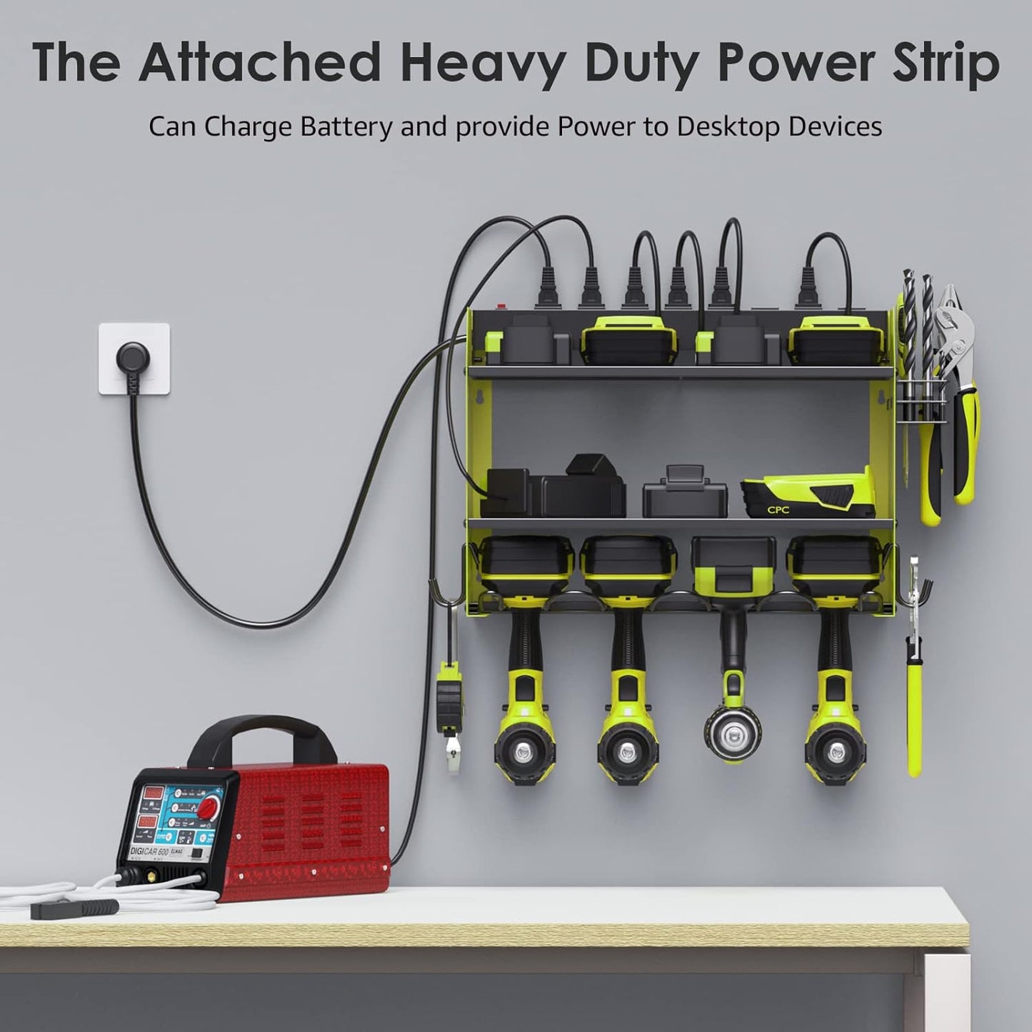 CCCEI Modular Power Tool Organizer Wall Mount with Charging Station. Garage Drill Storage Shelf with Hooks, Heavy Duty Rack, Tool Battery Holder Built in 8 Outlet. Gift for Men. Green, 2 Pack.
