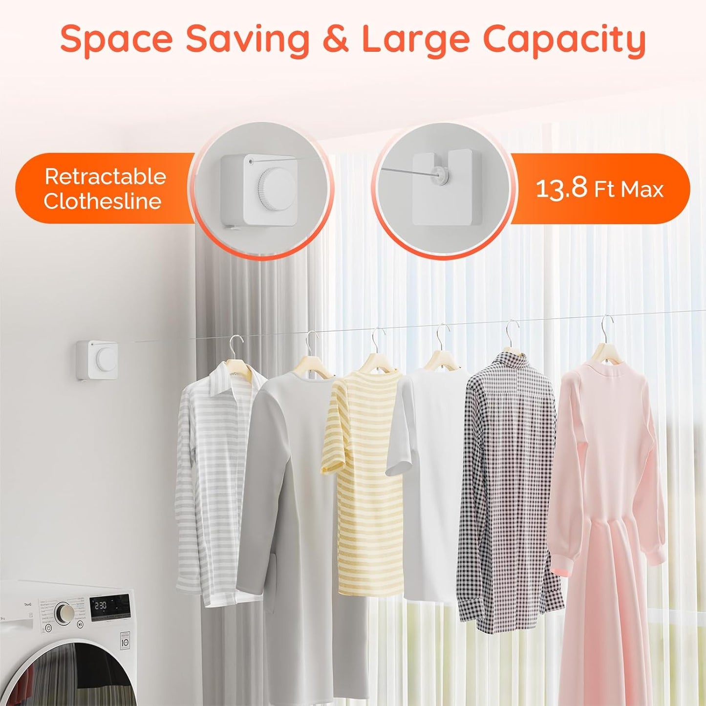 Retractable Clothesline Indoor, Non-Sagging Outdoors Clothesline Retracting, Heavy Duty Retractable Clothes Drying Laundry Line, Wall Mounted Stainless Steel Line - 13.8 Ft (White)