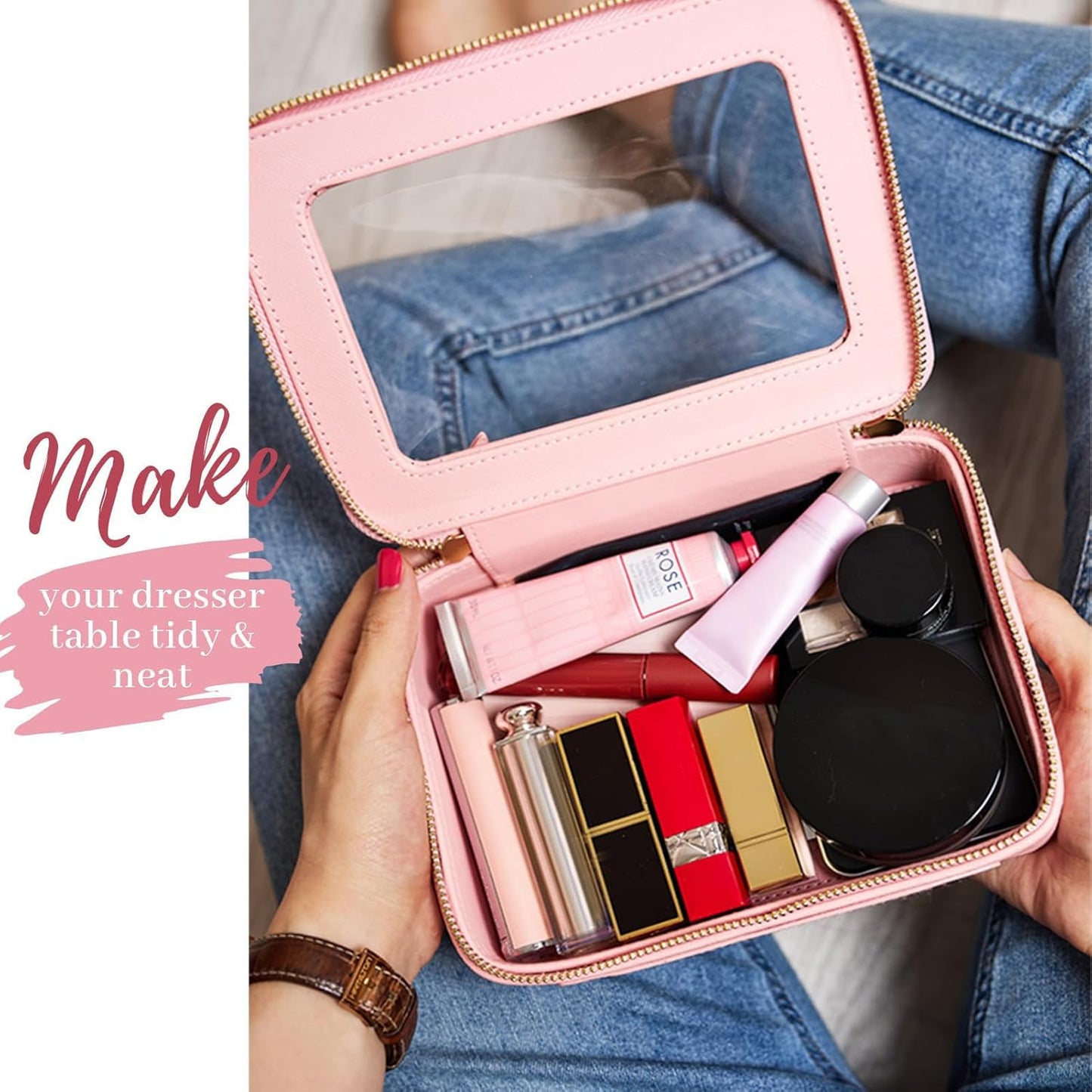 Aveniee Clear Makeup Bag Organizer, Travel Toiletry Bag for Women, Waterproof Cosmetic Pouch with Zippers,Car Accessories Organizers and Storage Case,Pink