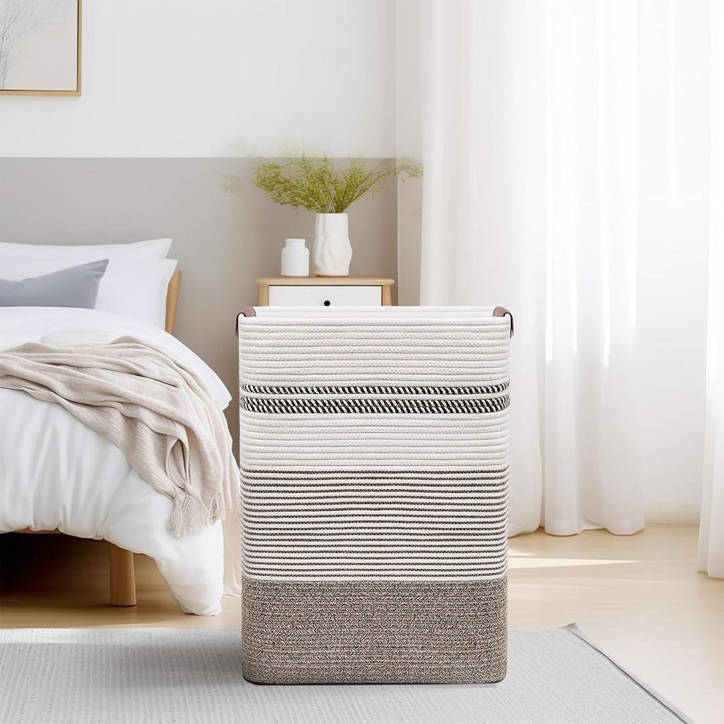 DOFASAYI Laundry Basket - 85L Large Cotton Rope Blanket Basket with Leather Handles, Decorative Storage Hamper, Clothes Hamper for Living Room, Bedroom, Rice Brown & White