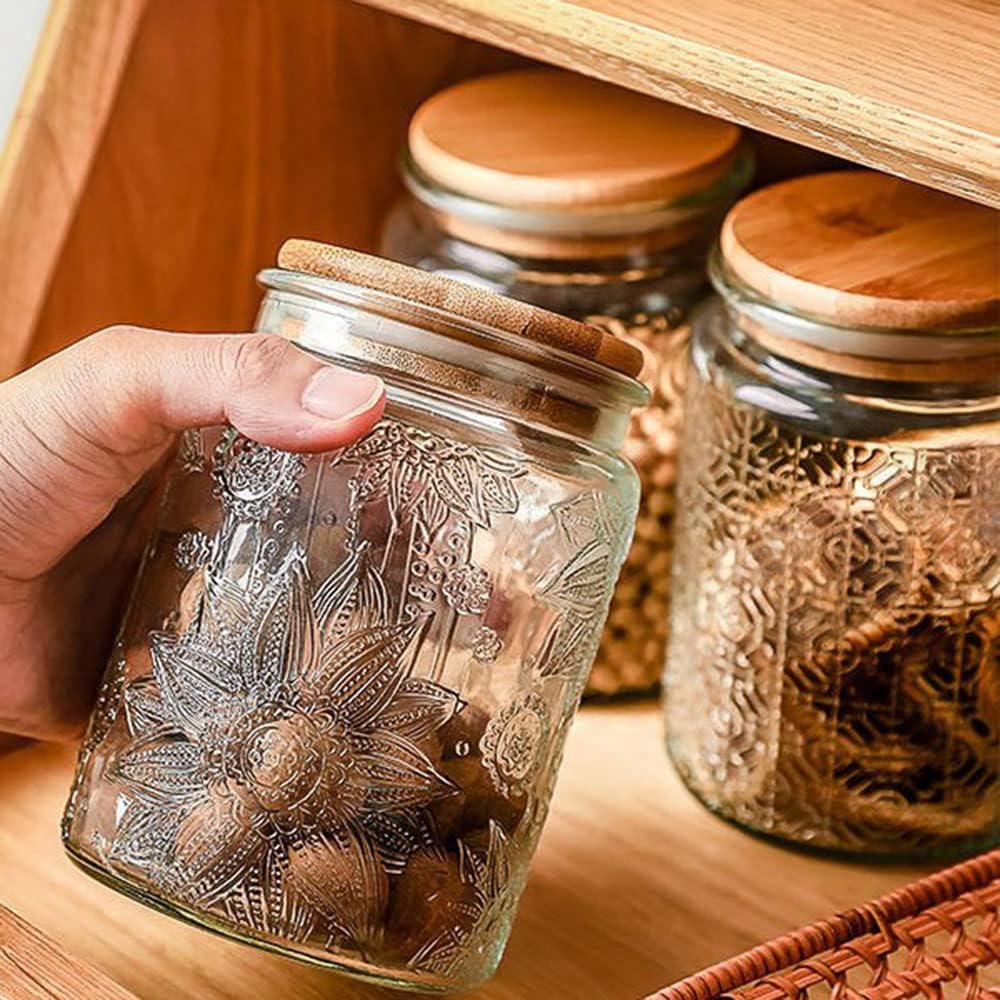 ANSQU Vintage Glass Jars Set Canister Airtight Storage Jar Container with Bamboo Wooden Lids for Kitchen Counter, Pantry, Coffee, Tea, Sugar, Cute Jar, 2 Pack 23.7 FL OZ (Begonia & Sunflower)