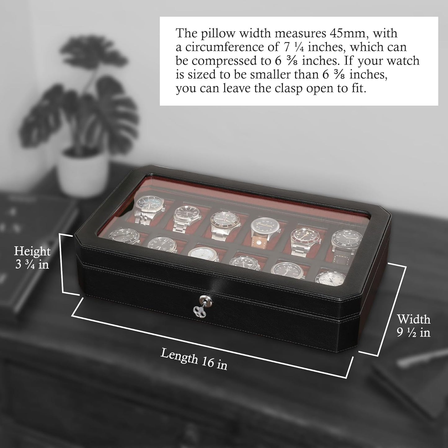 ROTHWELL 12 Slot Leather Watch Box for Men - Luxury Case Display Jewelry Organizer with Microsuede Liner - Travel Jewelry Case for Mens Accessories, Travel Organizer (Black & Red)
