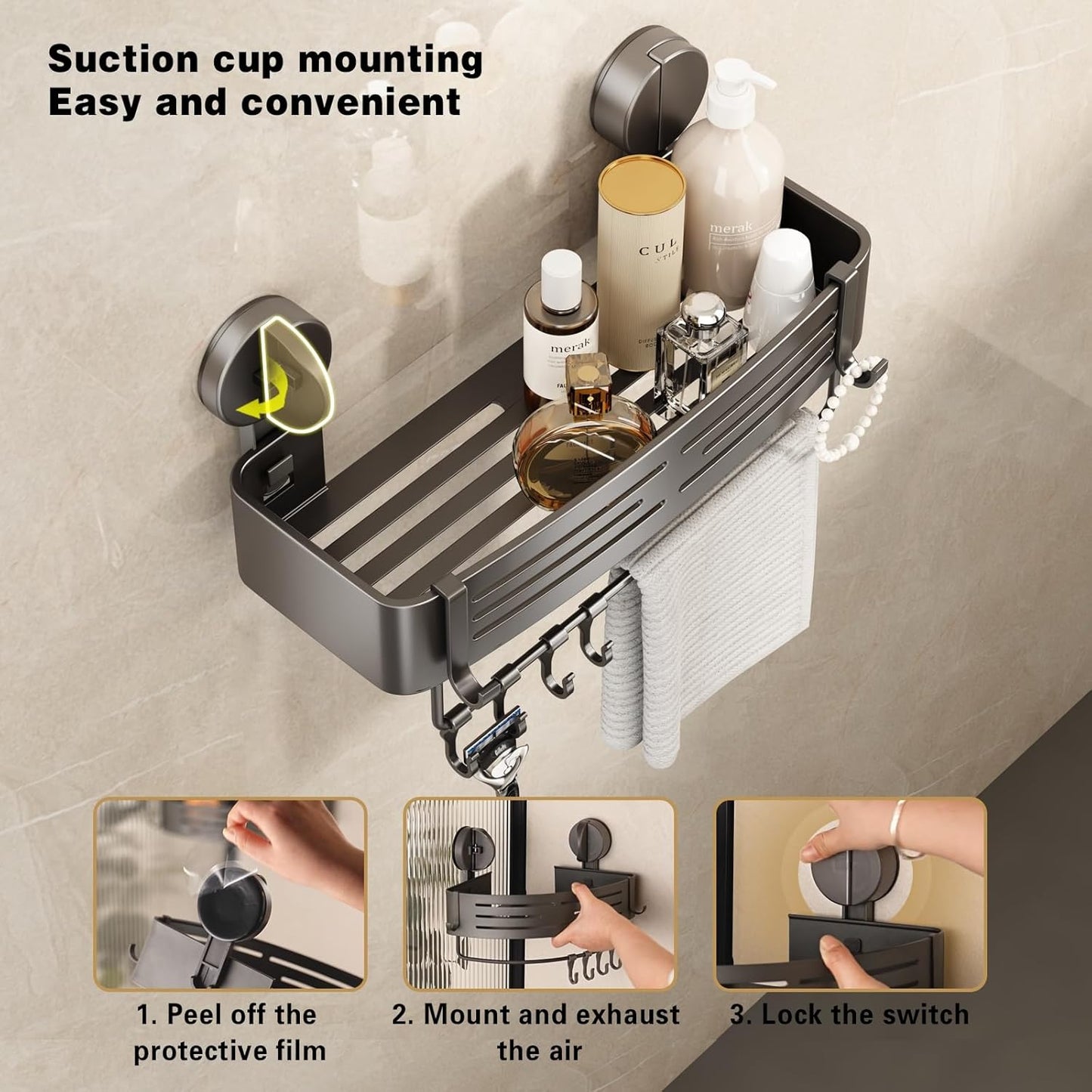 VOLPONE Shower Caddy Suction Cup No Drilling Suction Cup Shower Shelf Heavy Duty Bathroom Shower Organizer Storage Rack Adhesive with Towel Bar Hooks (3-Pack, Matte Gray)