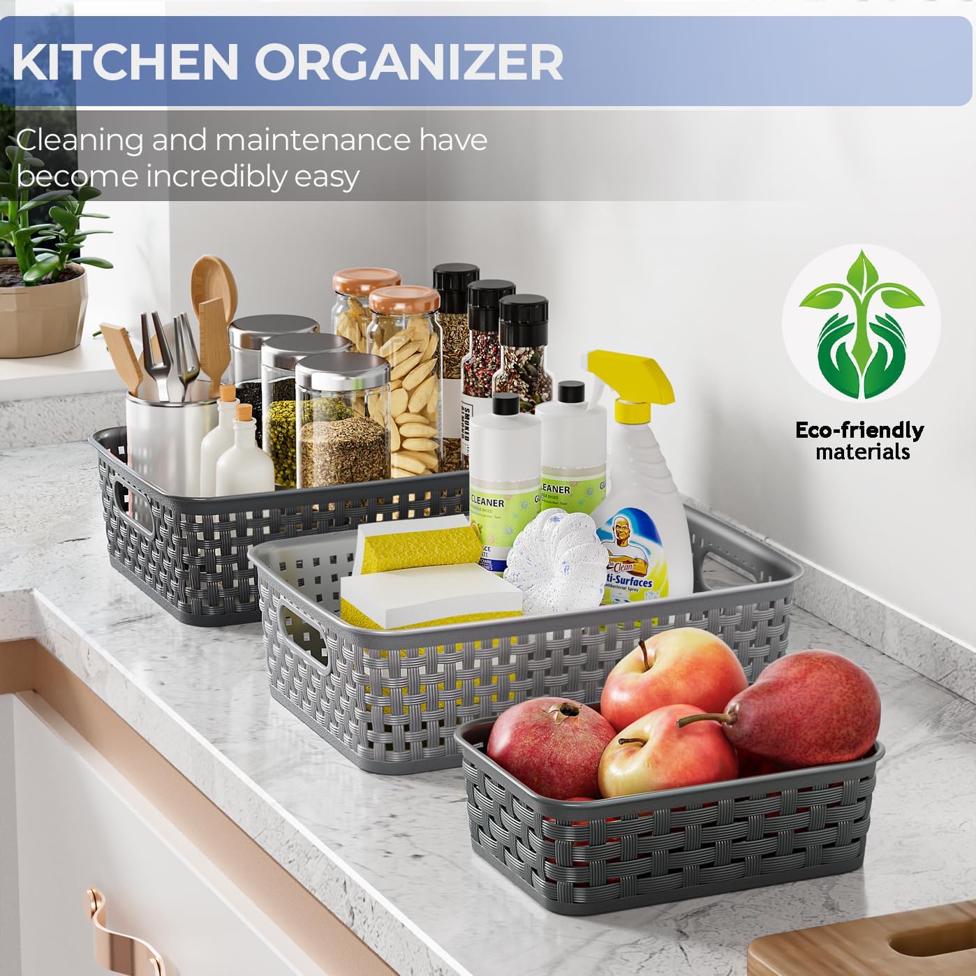12 Pack Plastic Storage Baskets, Small Baskets for Organizing, Plastic Storage Bins Wicker Pantry Organizer Bins Household Toys for Laundry Room, Bedrooms, Kitchens, Cabinets, Countertops