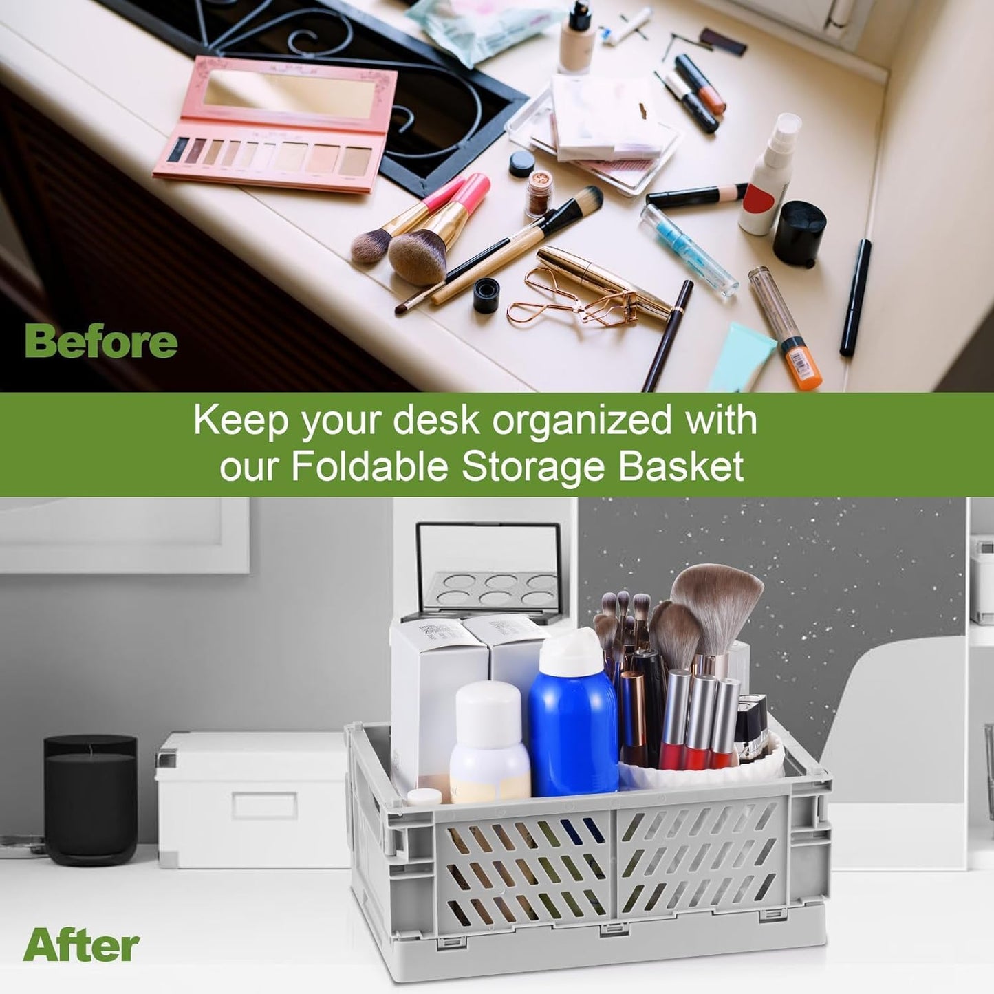 2-Pack Small Pastel Plastic Storage Baskets, Collapsible Crates for Organizing, Space-Saving Mini Bins for Classroom, Kitchen, Office, Bedroom (Grey, 9.8" x 6.5" x 3.8")