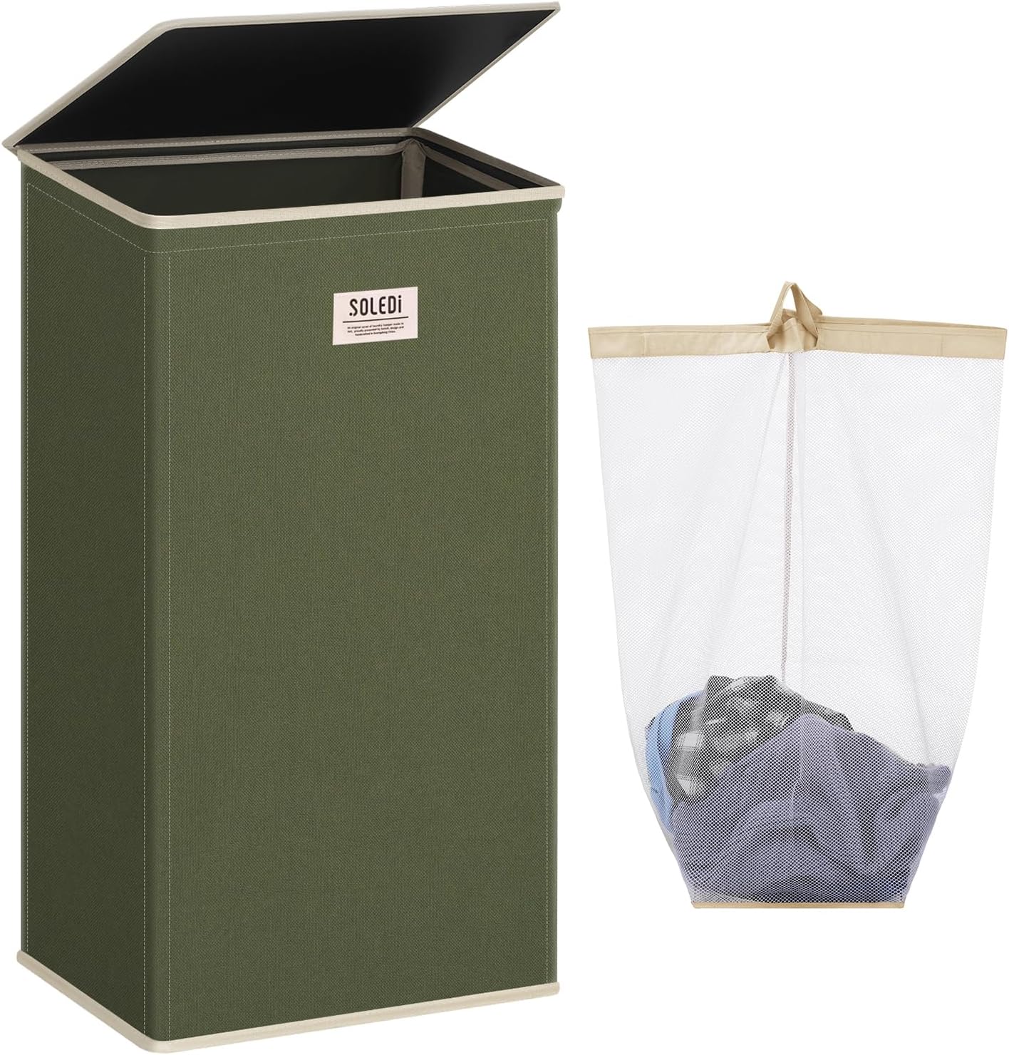 SOLEDI Laundry Hamper with Lid 100L Large & Tall Collapsible Laundry Basket, Clothes Hamper with Bag Removable Easy to Carry, Dirty Hampers for Bedroom, Bathroom, Dorm, College, Avocado