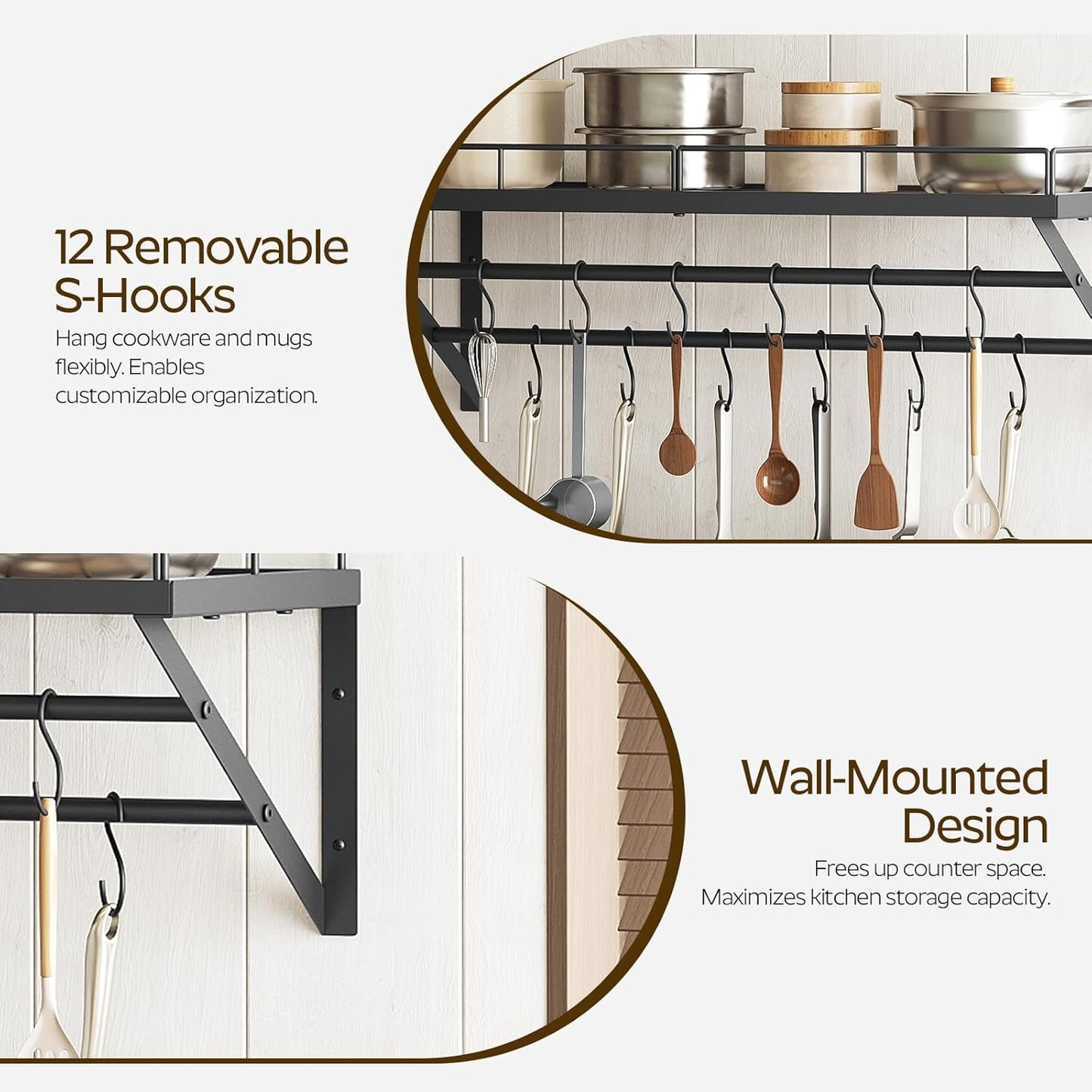 Pot Rack, 30 Inch Wall Mounted Pot Rack, Kitchen Pot and Pan Organizer with 2 Tier Hanging Rails, 12 S-Hooks, Space Saving, for Kitchen Cookware Organizer, Black PR02BK