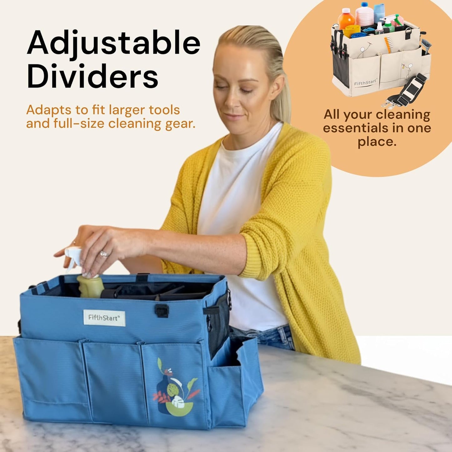 FifthStart Multiuse Cleaning Caddy with Waist & Shoulder Strap,9 Pockets Professional Bag, Mesh Base & Adjustable Compartments - Beige Large Organizer with Handle - Cleaning Caddy Bag (Beige, Large)