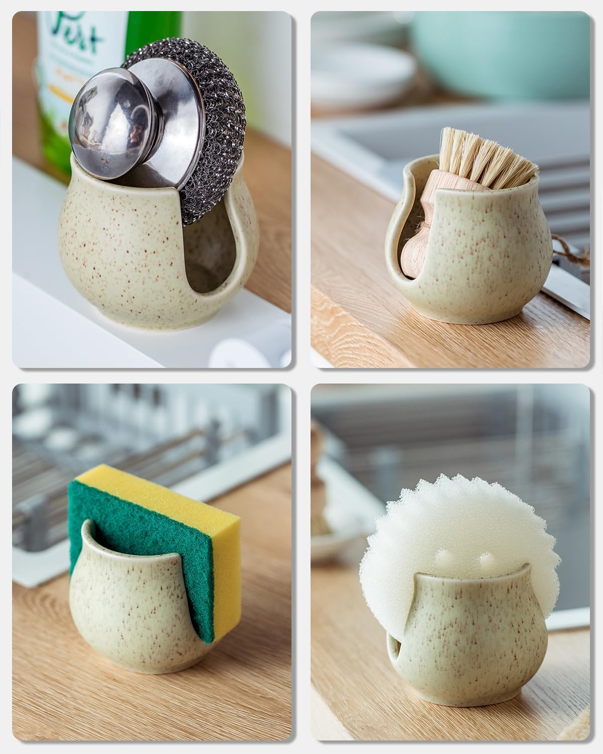 Ceramic Dish Sponge Holder, Sponge Caddy for Kitchen Sink Brush Organizer Scrub Dish Rack for Scrubbers, Bathroom, Sink, Yellow