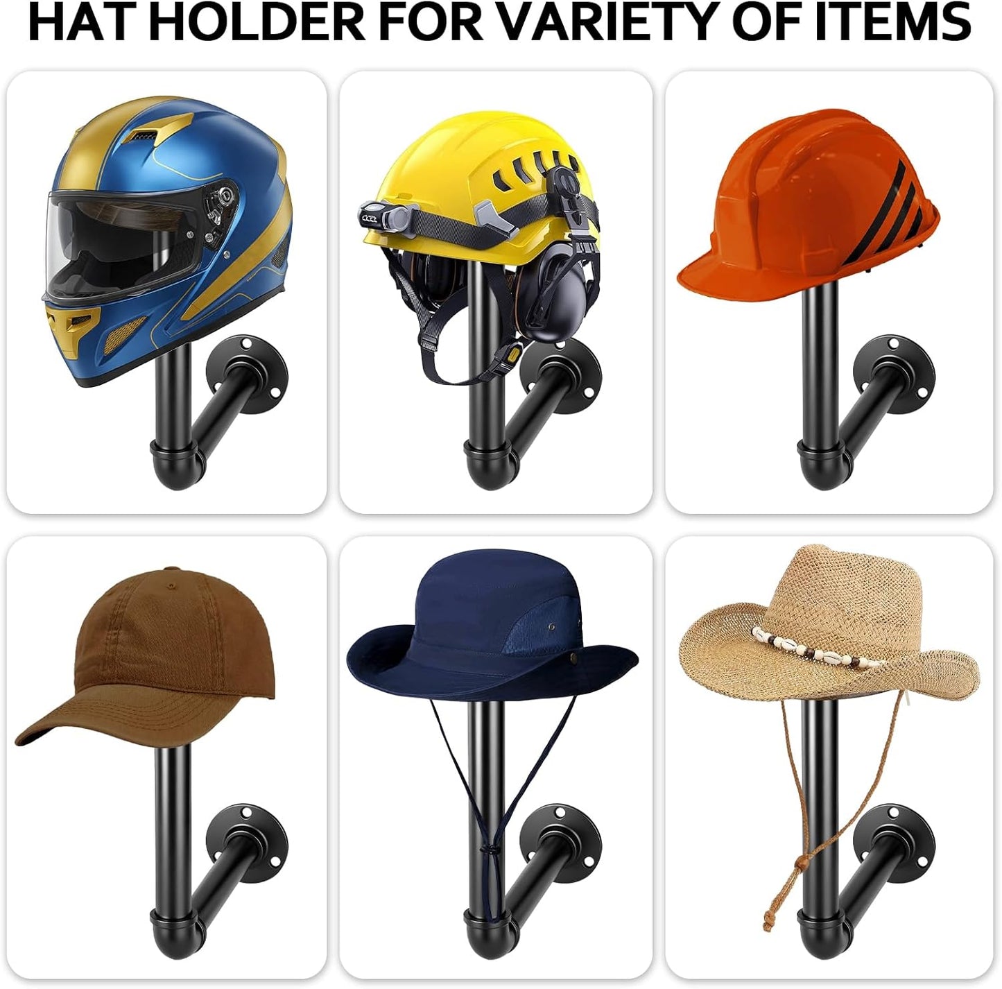 2PCS Cowboy Hat Rack Wall Mount, Wooden Western Rustic Metal Hanger, Wall Mounted Helmet Hanger for Multifunctional Display Hanger Stand for Cap Wig Hats, Fedora, Sun Hats