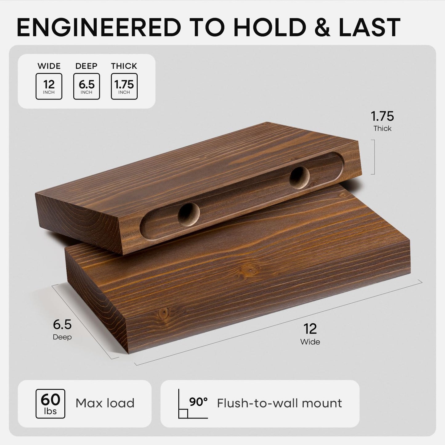 Homeforia Classic Walnut 12 inch Floating Shelf, High End Solid Real Wood Small 12inch Floating Shelves for Wall Mounted, 12in Floating Shelves, Heavy Duty Bracket, 12 X 6.5 X 1.75 inches, Set of 2