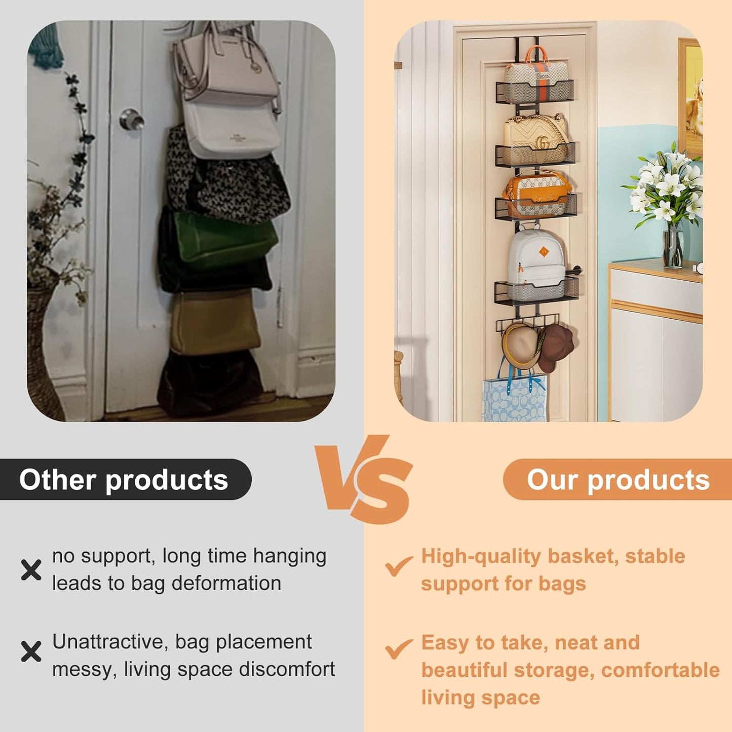 Purse Organizer Over The Door,Adjustable Durable Metal Purse Holder Handbag Purse Organizer for Closet with 5 Hooks Medium