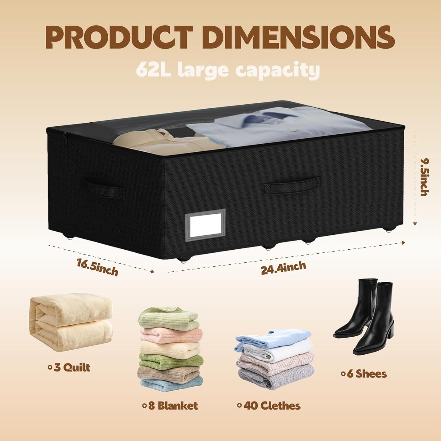 Under Bed Storage with Wheels, 2-Pack Under Bed Storage Containers with Clear Lids, No Assemble Required 10 inches Height, Rolling Underbed Storage Drawers Bins for Shoes, Clothes, Blankets, Toys