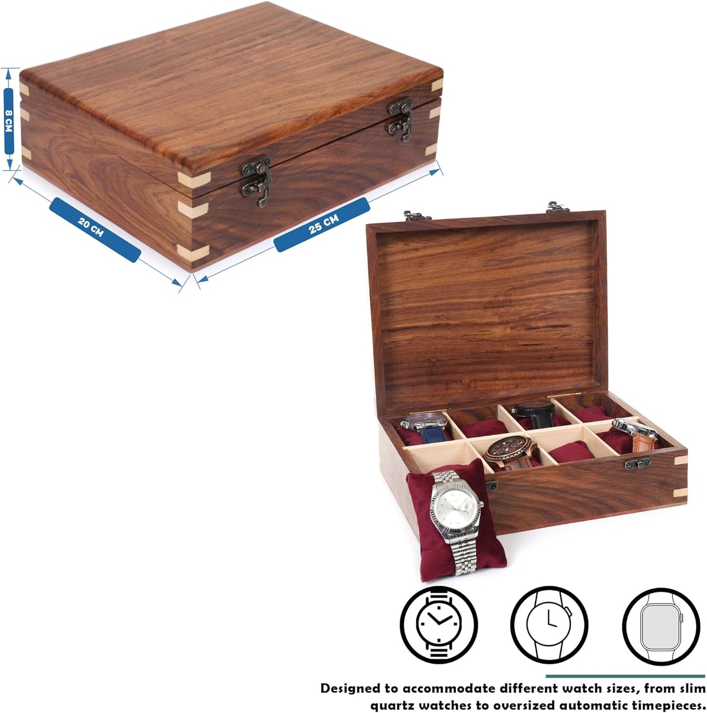 Wooden Watch Box for Men & Women, Watch Organizer & Display Case, Premium Long-Lasting Watch Holder for Storage, Elegant Gift for Watch Collectors (Wood Top, 8 Slots)