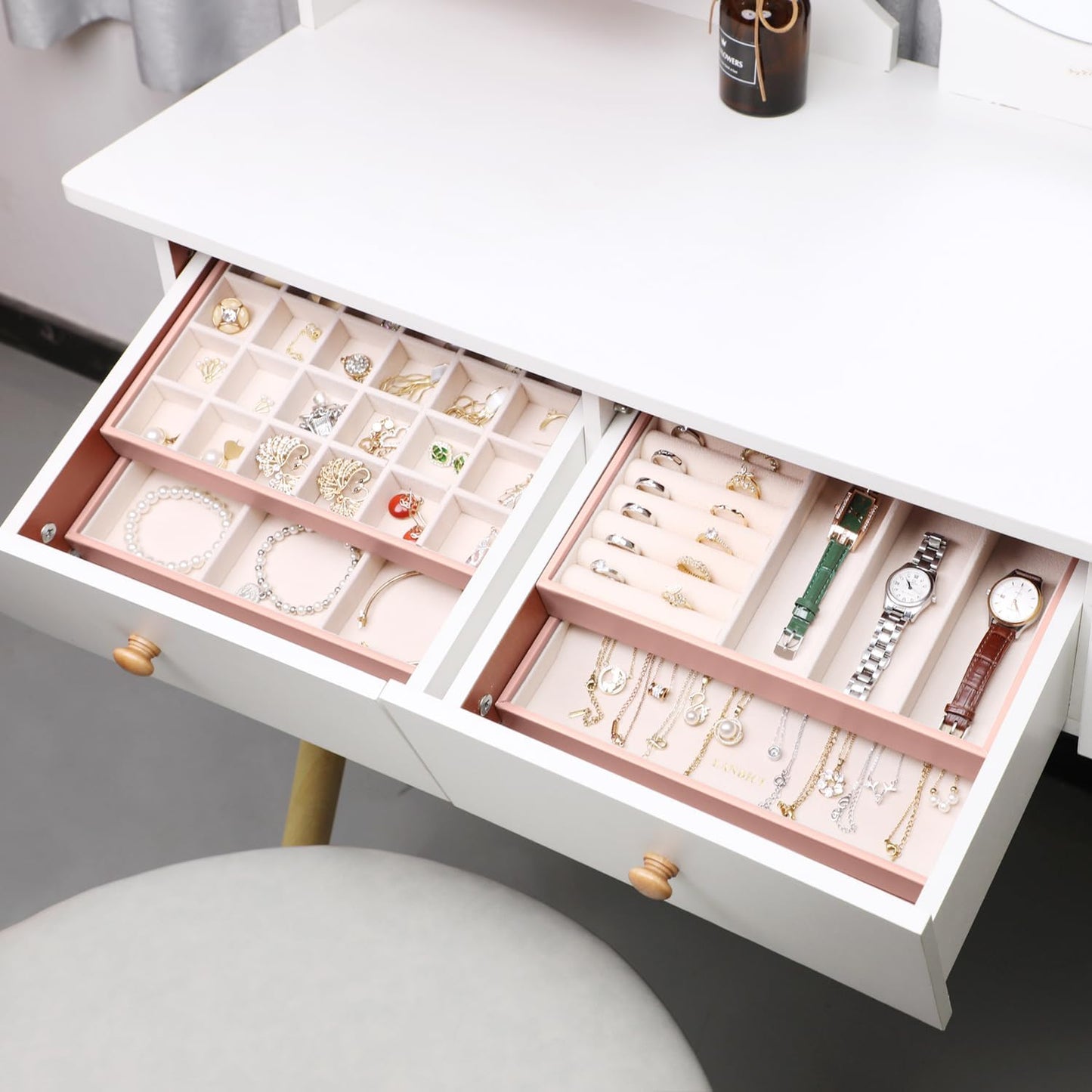 LANDICI Stackable Jewelry Organizer Trays 4 Set,PU Leather Jewelry Organizer Drawer,Jewelry Storage Display Tray for Earring Necklace Rings Bracelet with Removable Dividers,Pink