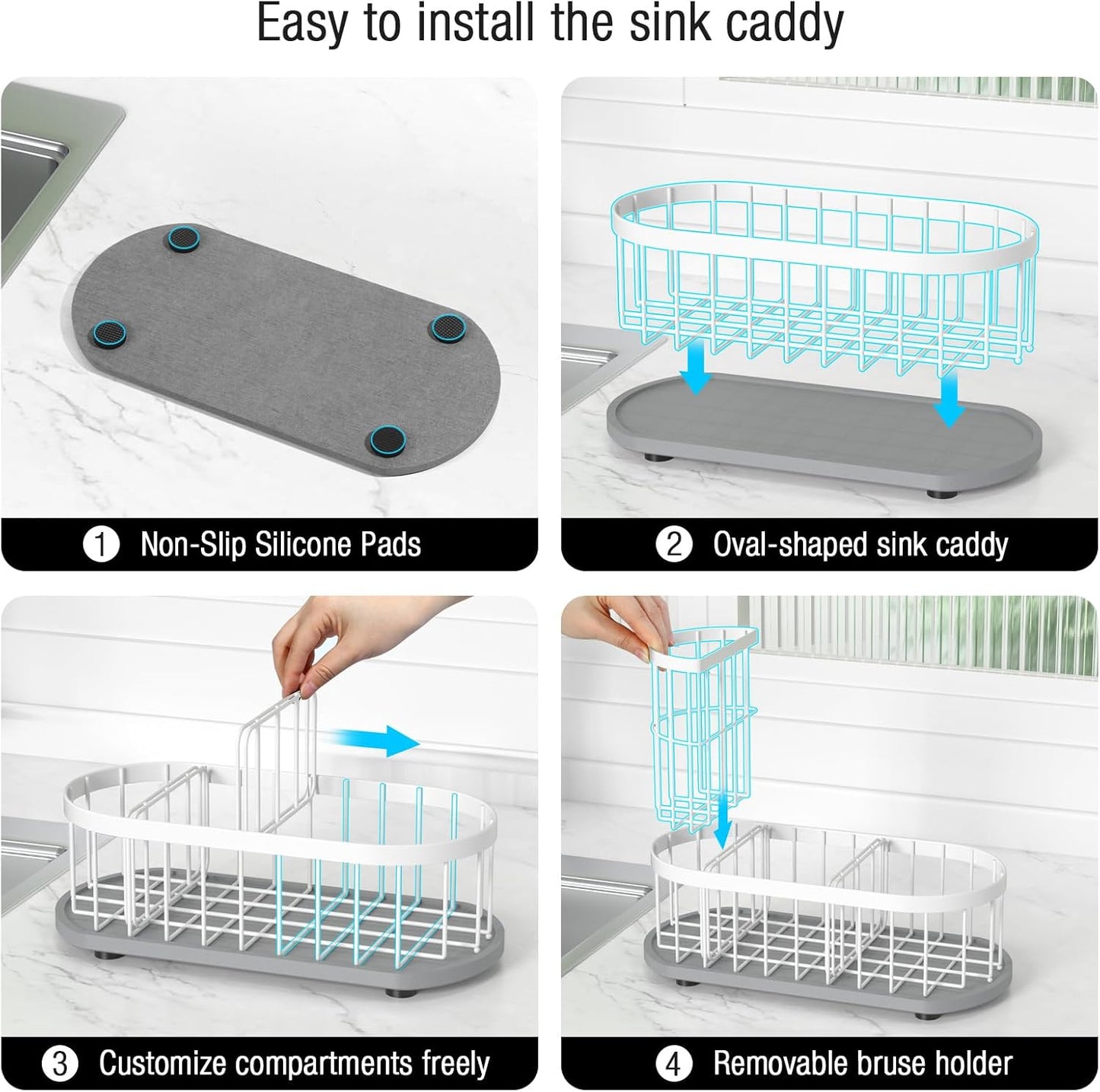 Kitchen Sink Organizer with Sponge Holder & Brush Holder - Drain-Free Non-Slip Base, 2.6mm Stainless Steel with White Rust-Resistant Coating - Easy Install & Clean Kitchen Sink Caddy