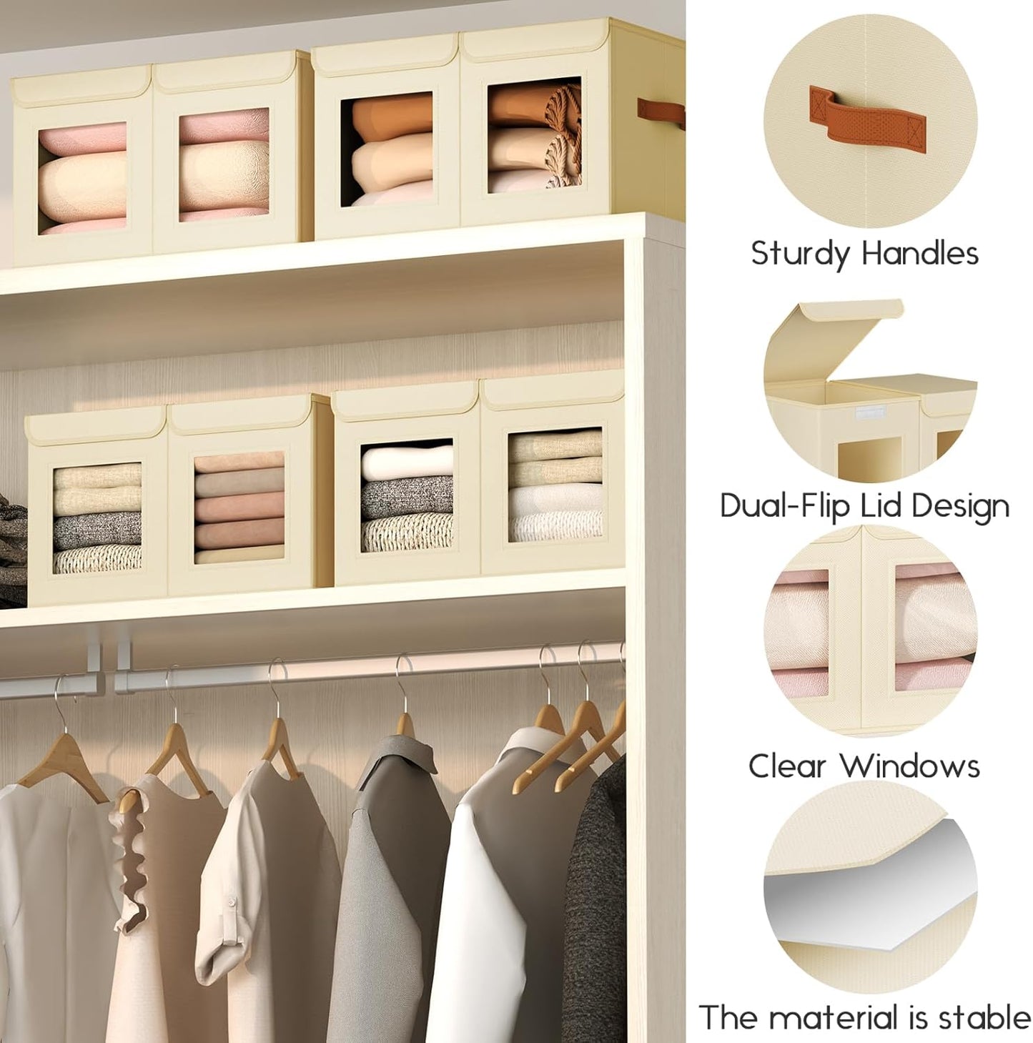 Large Closet Storage Bins - Collapsible Divided Clothes Organizer with Lids & Dual Window, Fabric Organizing Bins for Clothes, Sweater, Toys, Bedroom, Office (Beige, 4 Pack)