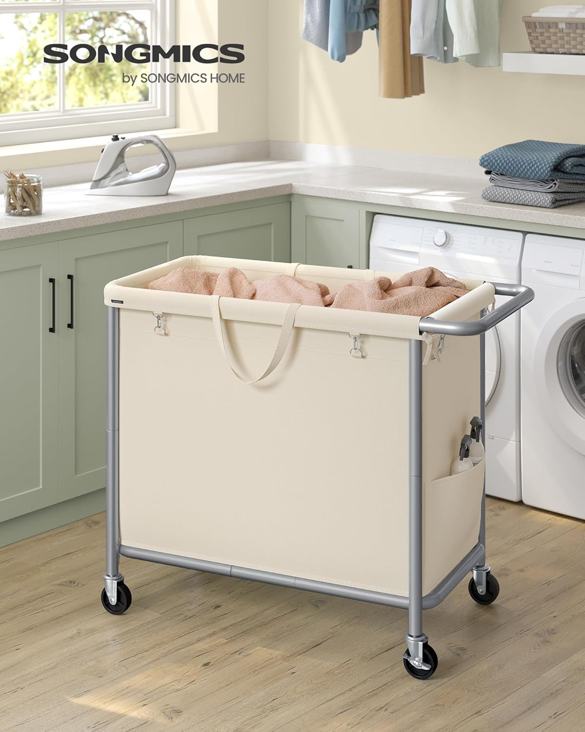SONGMICS Laundry Basket with Wheels, Rolling Laundry Hamper, 47.5 Gallons (180 L), Removable Liner, Steel Frame with Handle, 31.5 x 15.4 x 31.9 Inches, Cream White URLS011W01