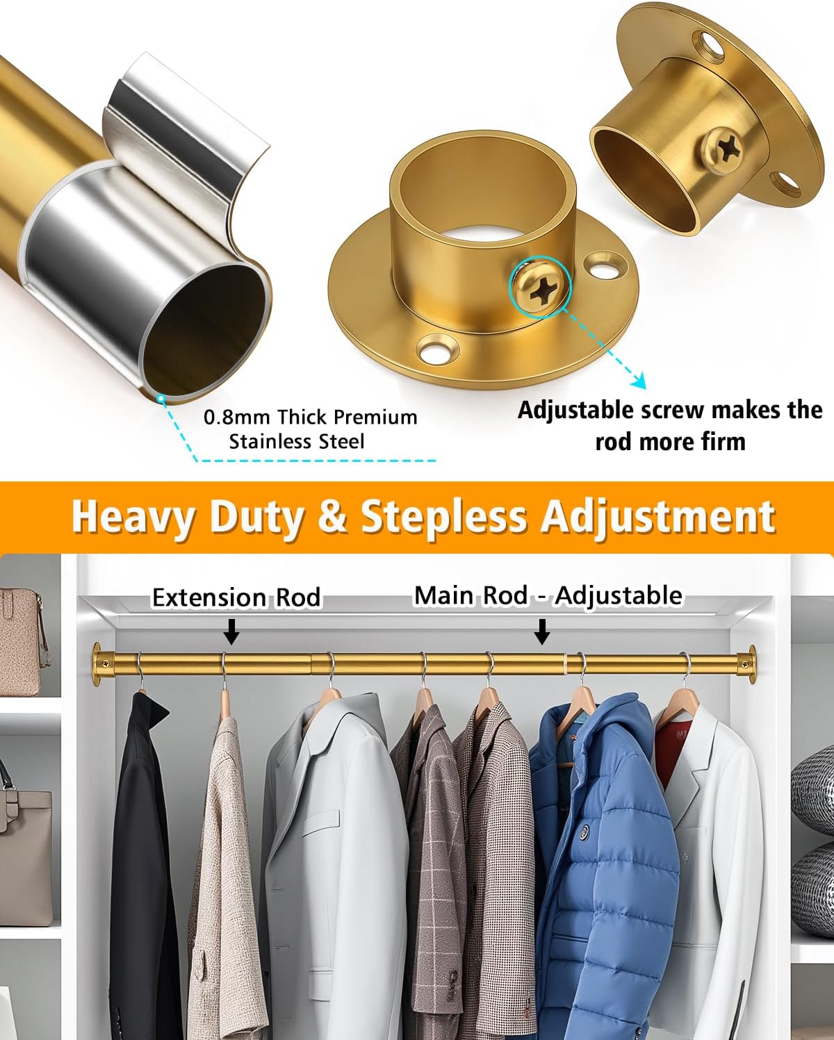 Closet Rods for Hanging Clothes, 17-52 Inch Heavy Duty and Stepless Adjustable Closet Poles, Stainless Steel Closet Hanging Rod for Closet, Wardrobes, Laundry Room, Bathroom, RV (Gold)