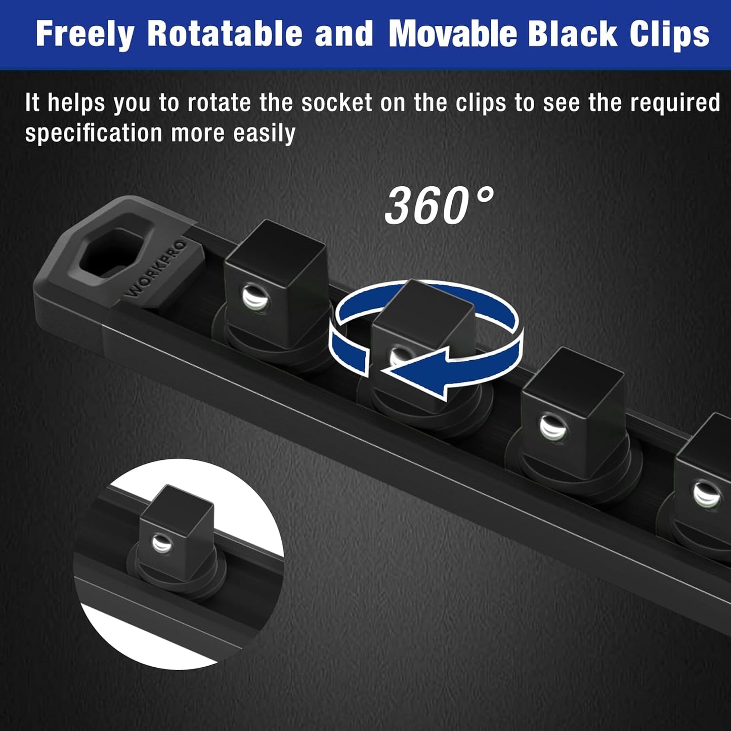 WORKPRO Magnetic Socket Organizer, 3/8-Inch Drive Aluminum Alloy Socket Rail, Heavy Duty Socket Holder, Socket Rack Kit 3/8-Inch x 10 Clips Black (Socket not Included)