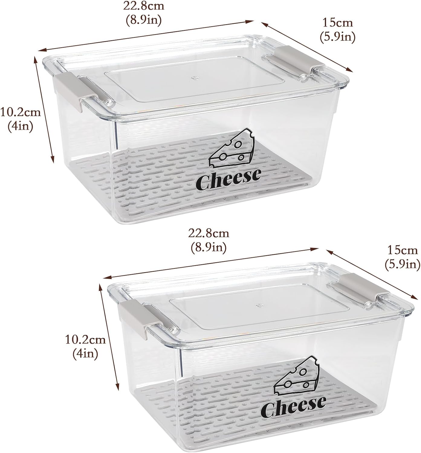 Cheese Container Airtight with Draining Basket Cream Cheese Sliced Cheeses Box with Lid Saver for Fridge Cheeses Keeper Cream Block Shredded Storage Box Saver (Clear - 2 Pack)