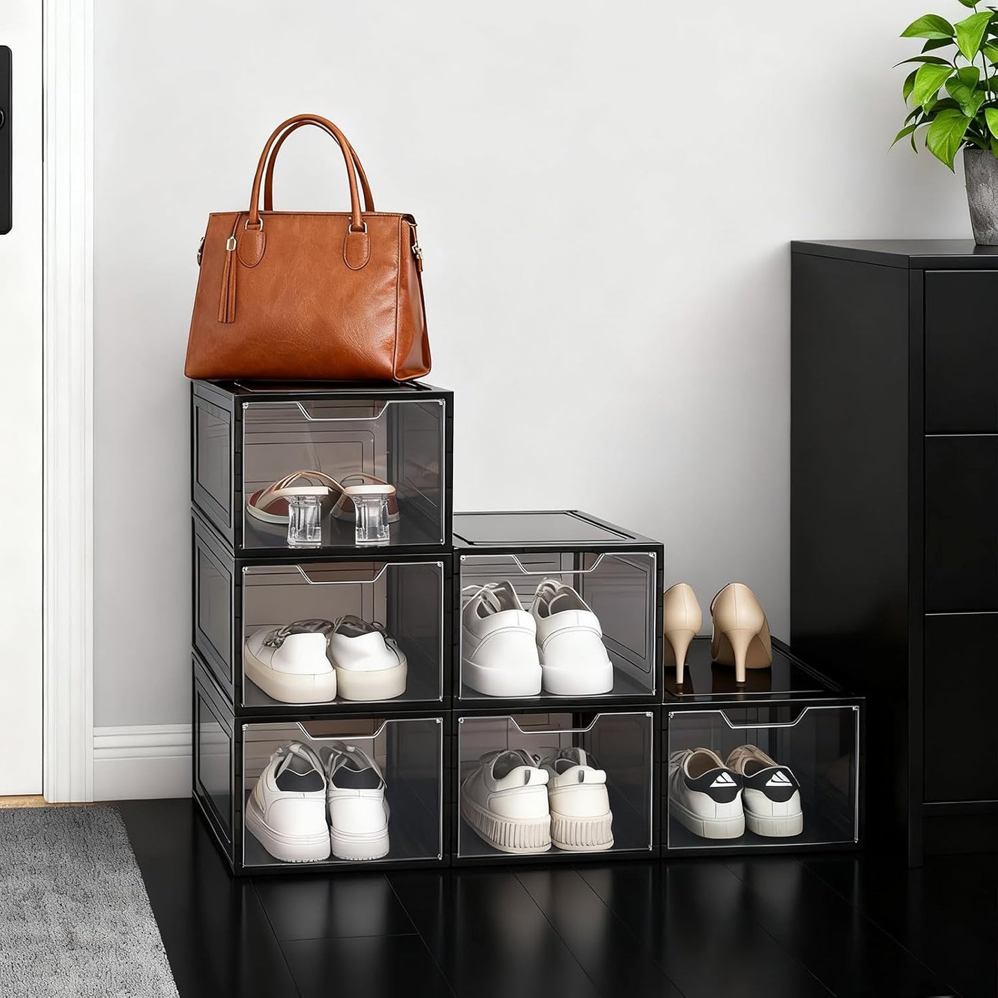 Shoe Boxes Shoe Storage Boxes Display Boxes with Magnetic Doors and Stackable Design, Ideal for Hallways, Under Beds, Wardrobes, and Living Rooms (Magnetic Door-Black, 6 Pack)