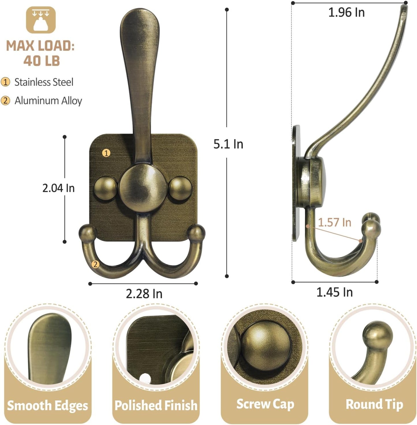 VIS'V 3 Prong Coat Hooks Wall Mount, Metal Self Adhesive Entryway Wall Hooks, 2 Mount Options, Bronze, 4 Pcs