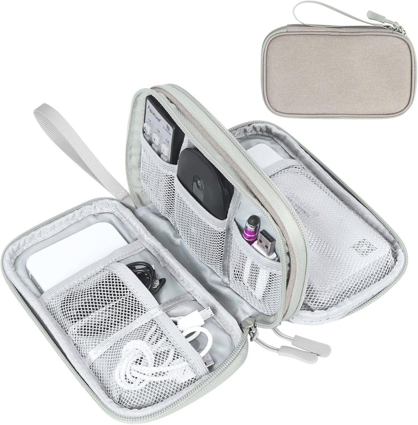 FYY Electronic Organizer, Travel Cable Organizer Bag Pouch Electronic Accessories Carry Case Portable Waterproof Double Layers Storage Bag for Cable, Charger, Phone, Earphone, Medium Size- Khaki