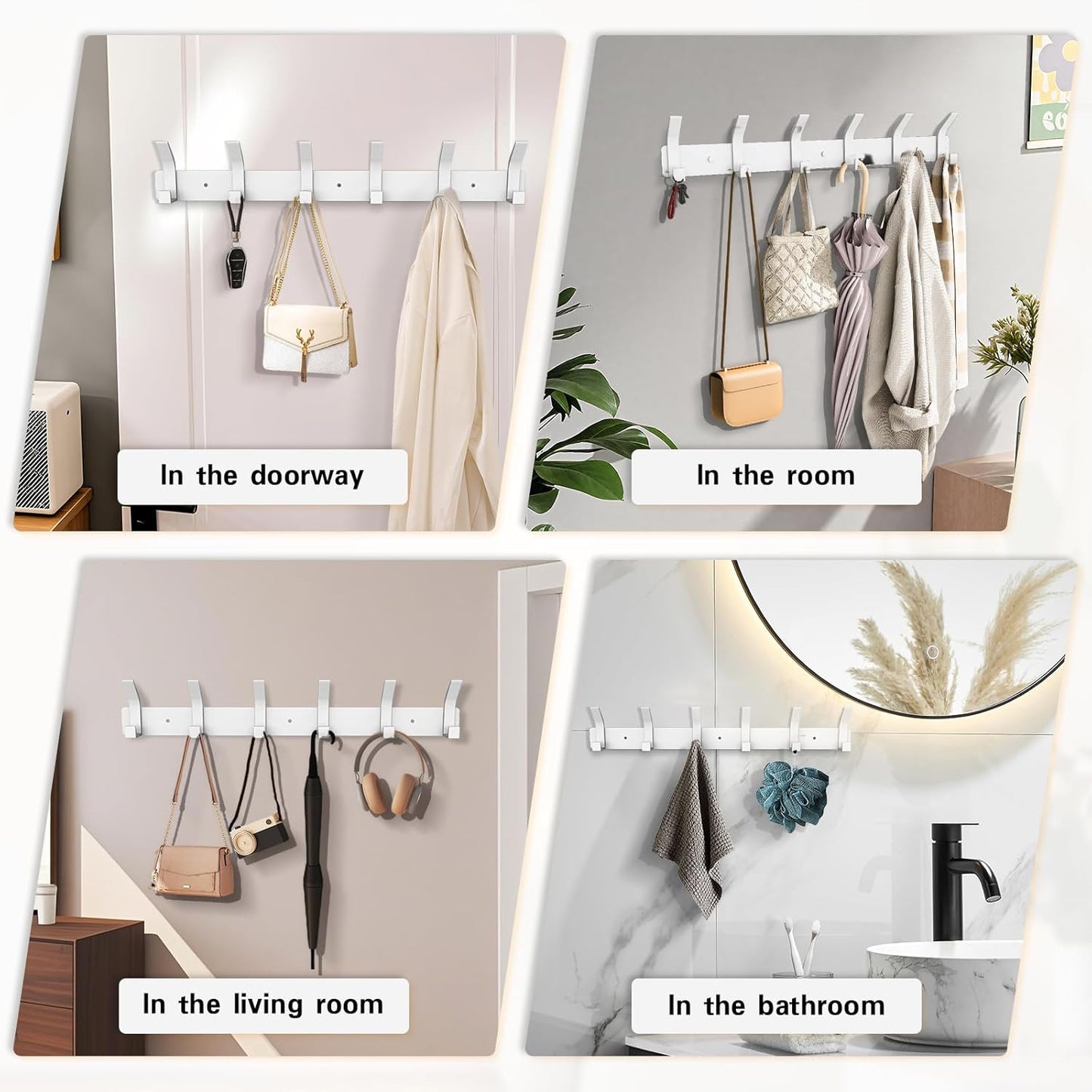 1 Pack Coat Rack Wall Mount,17.3 in Wall Hooks for Hanging, Coat Hanger Wall Mount Towel Rack Hat Rack for Wall with 6 Hooks for Entryway, Bedroom, Bathroom (White, 6 Hooks-1Pack)