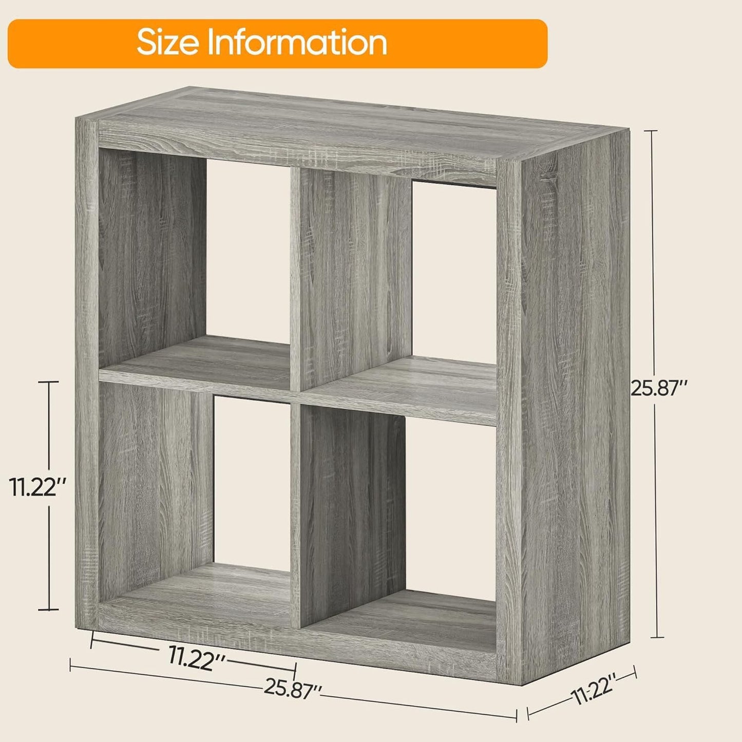 furtble Bookshelf with Storage Bin, 4-Cube Storage Organizer, Modern Wood Open Bookcase, Multifunctional Display Shelf for Living Room, Bedroom, Home Office, Gray Oak