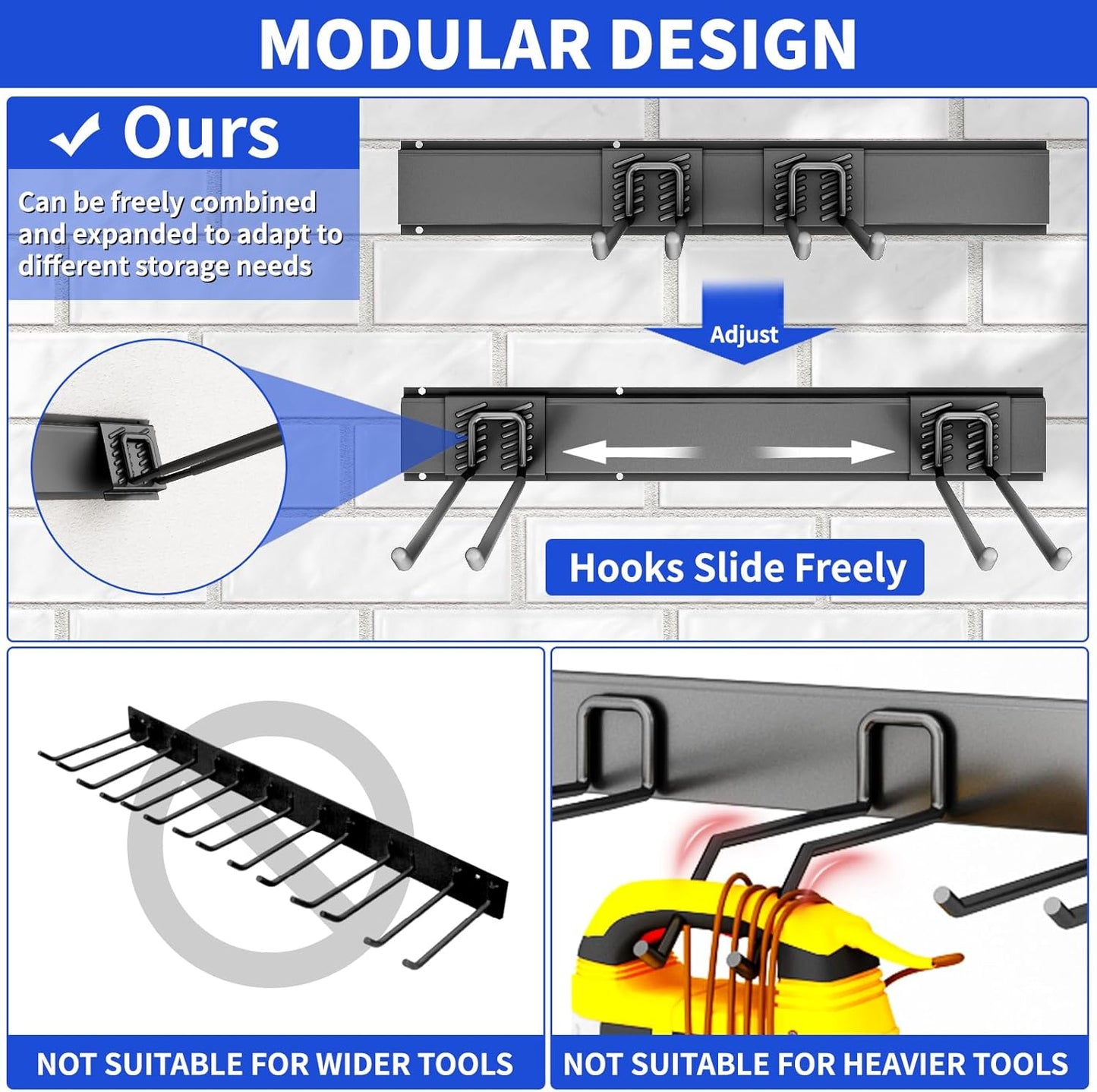 Garden Tool Organizer Wall Mount, 48inch Heavy Duty Garden Tool organizer Storage System, Easy Install With 9 Adjustable Hooks, For Garage, Basement, Shed, Workshop(Black)
