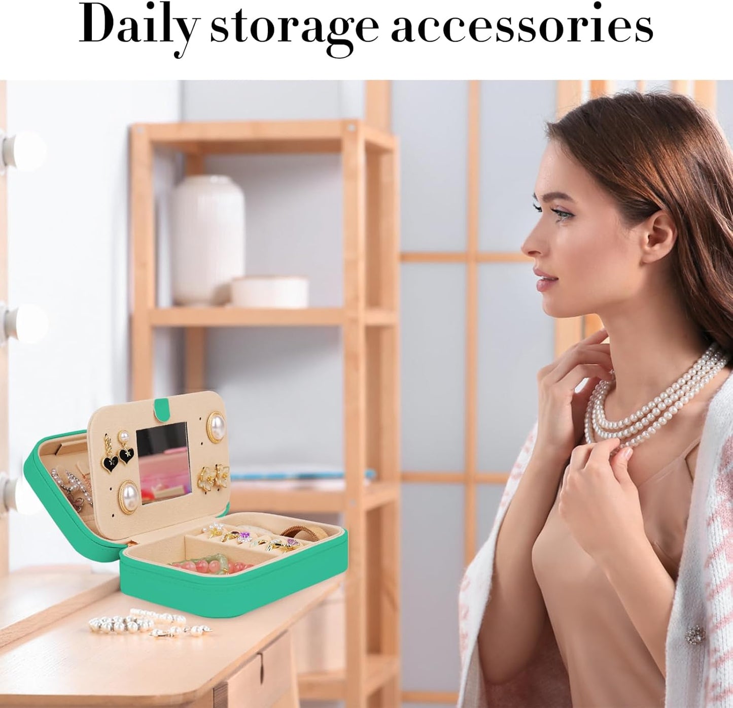 TopPerfekt Travel Jewelry Case, Jewelry Box with Mirror, Jewelry Organizer Bridal Shower Gifts to Her, Earring Storage Travel Case, Trendy Gift for Women and Girls, Girlfriend-Letter V, Green