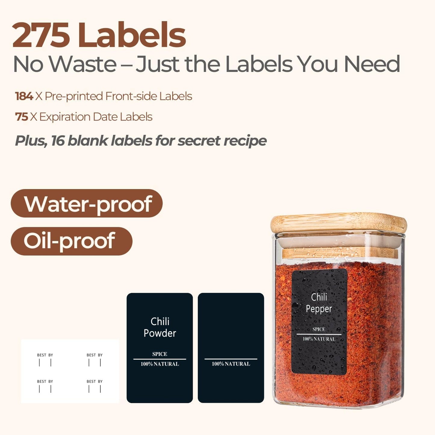 ComSaf 16Pcs Glass Spice Jars with Bamboo Lid, 6oz Airtight Square Containers with 275 Black Lables, Empty Seasoning Jars for Salt Sugar