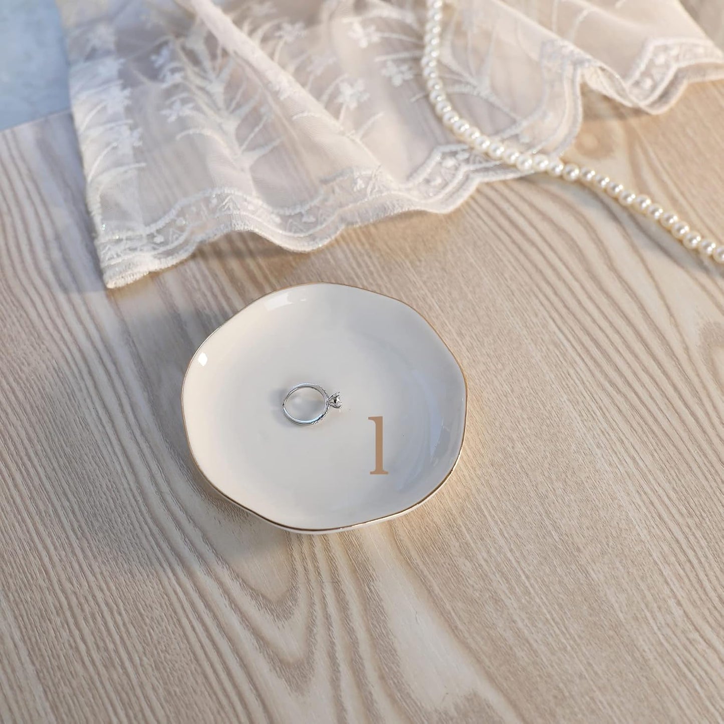 HOME SMILE Initials Ring Dsih Jewery Tray with Personalized L-Monogrammed Engagement Wedding Gifts for Friends,Sister,Birthday Christmas Gifts for Women,Ceramic White