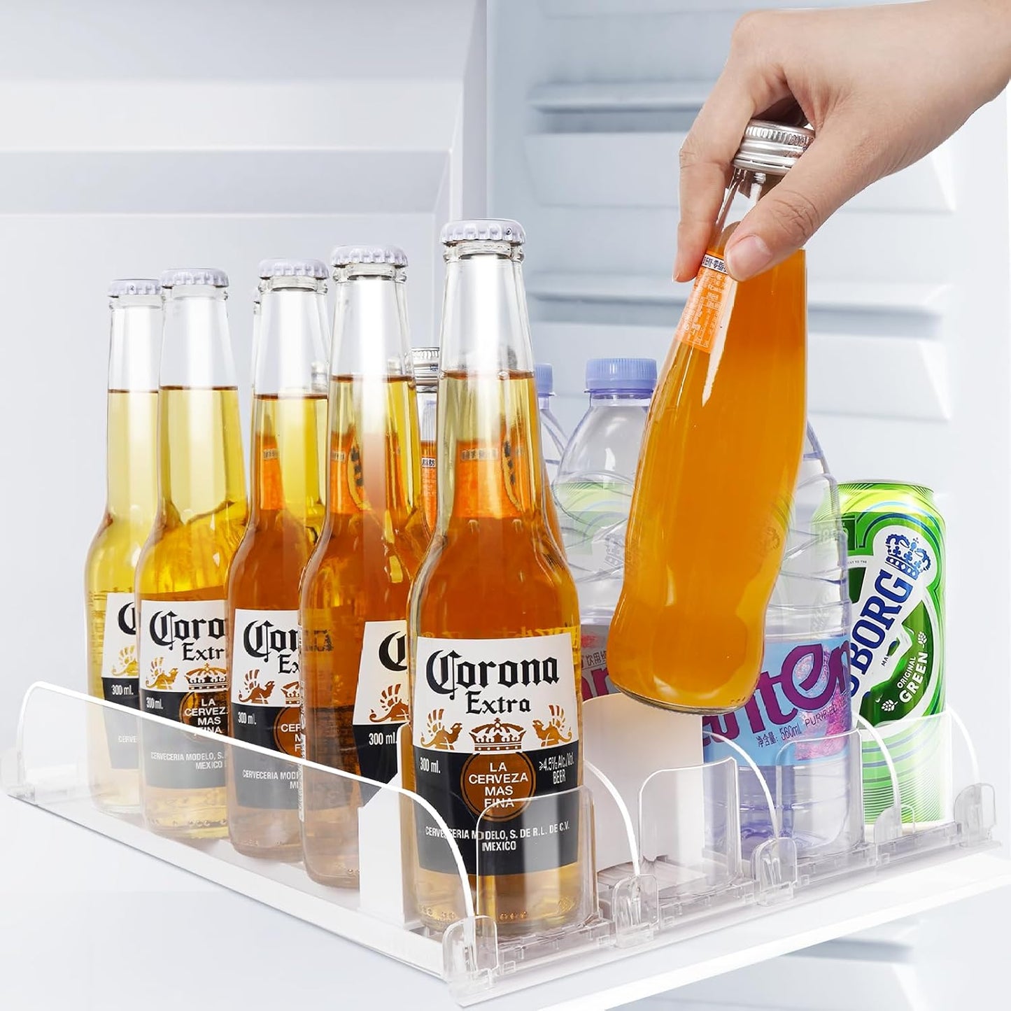 SOLY Drink Organizer for Fridge, Soda Can Dispenser for Refrigerator, Automatic Drink Dispenser Holds 6–20oz, 4 Row, 14.96" Deep