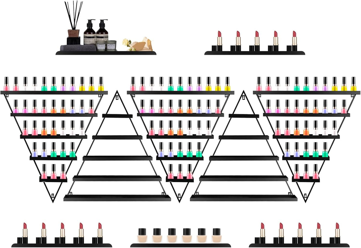 10PCS Nail Polish Rack Wall Mounted Shelf, 5 Tiers Black Triangular Display Rack, Cosmetic Display Cases, Lipstick Perfume Wall Shelf Essential Oil Organizer for Home Spa Nail Salon Shop (Black)