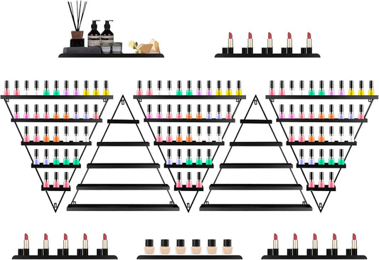 10PCS Nail Polish Rack Wall Mounted Shelf, 5 Tiers Black Triangular Display Rack, Cosmetic Display Cases, Lipstick Perfume Wall Shelf Essential Oil Organizer for Home Spa Nail Salon Shop (Black)
