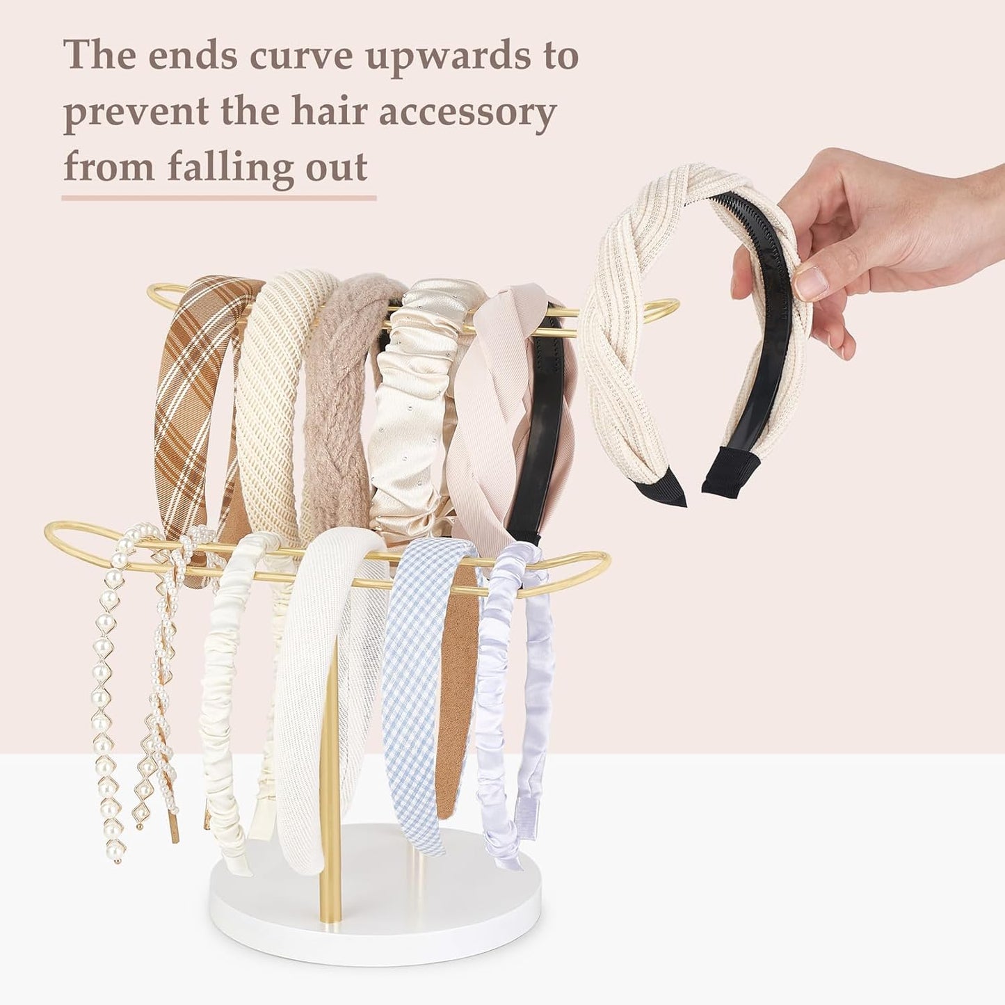 Dahey Headband Holder Organizer Metal 2-Tier Hair Hoop Display Stand Headband Organizer Storage Hair Ropes Accessories Bracelets Bangles Bedroom College Dorm Decor for Girls Women, Gold