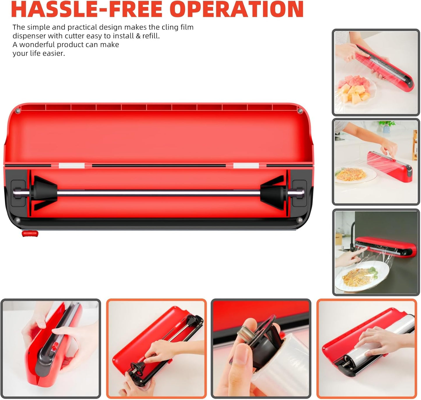 Aluminum Foil & Plastic Wrap Dispenser with Cutter - Easy One-Hand Operation, Space-Saving Kitchen Organizer for Worktops & Cabinets, Magnetic Cling Film Dispenser - Fits 12" Rolls, Red