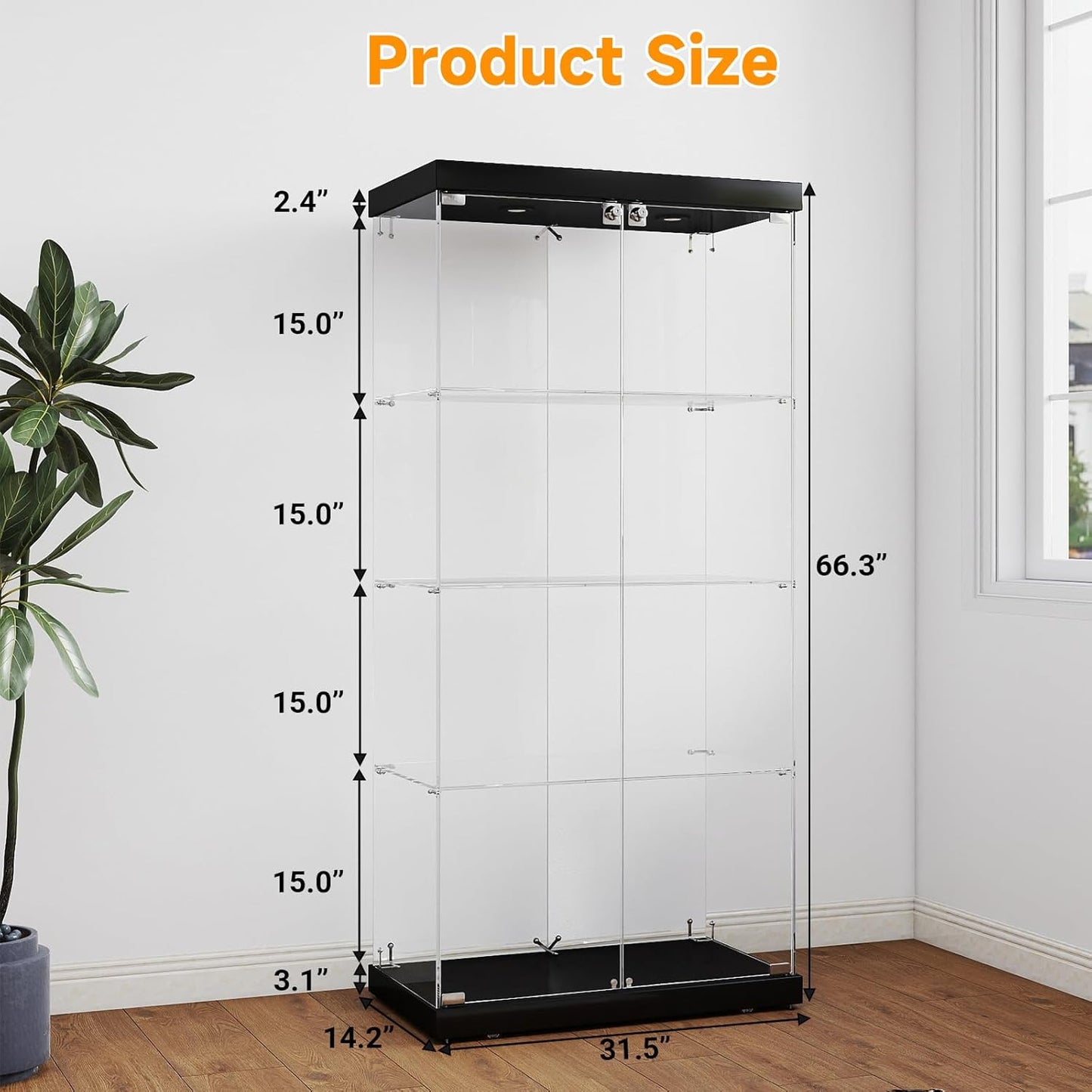 Tempered Glass Display Cabinet with Lights, 4-Tier Curio Cabinet with Glass Doors Wheels Two Locks, Glass Display Case for Collectibles for Living Room, Bedroom, Office, Black, Double Door