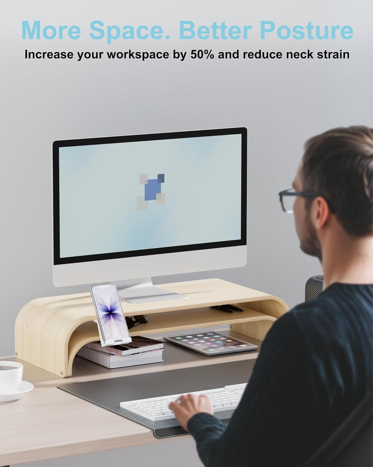 Solid Wood Dual Monitor Stand Riser 2 Tier, 24.1 Inch Desktop Organizer with Phone Holder, Ergonomic Computer Stand, Multifunctional Desk Shelf for Laptop, PC, Printer, Supports Up to 110lbs