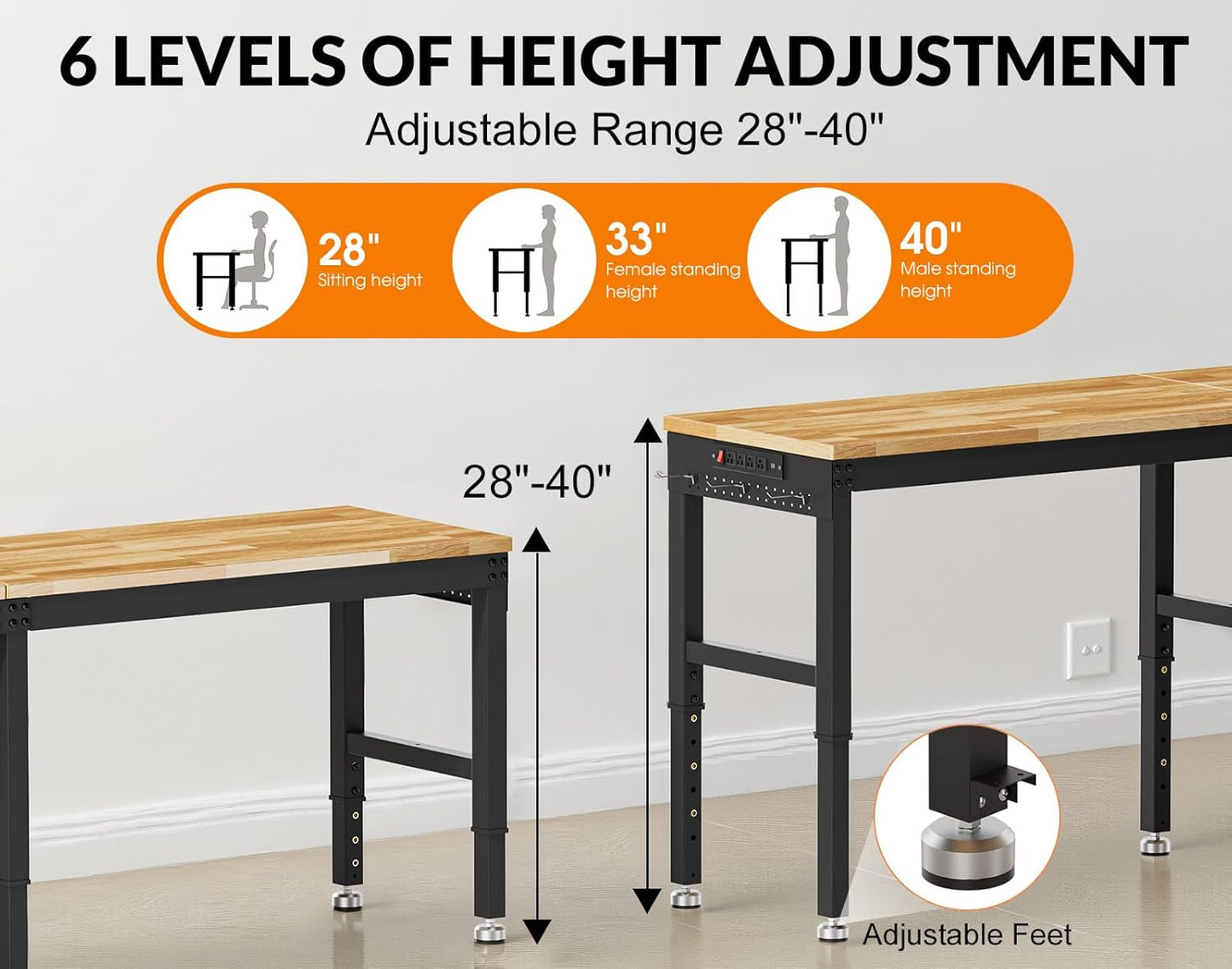 96” Heavy Duty Work Bench, 2-Layer Adjustable Workbench, 5000 LBS Capacity Work Bench with Power Outlet & Pegboard, Rubber Wood Work Table for Garage, Workshop, Office, Home