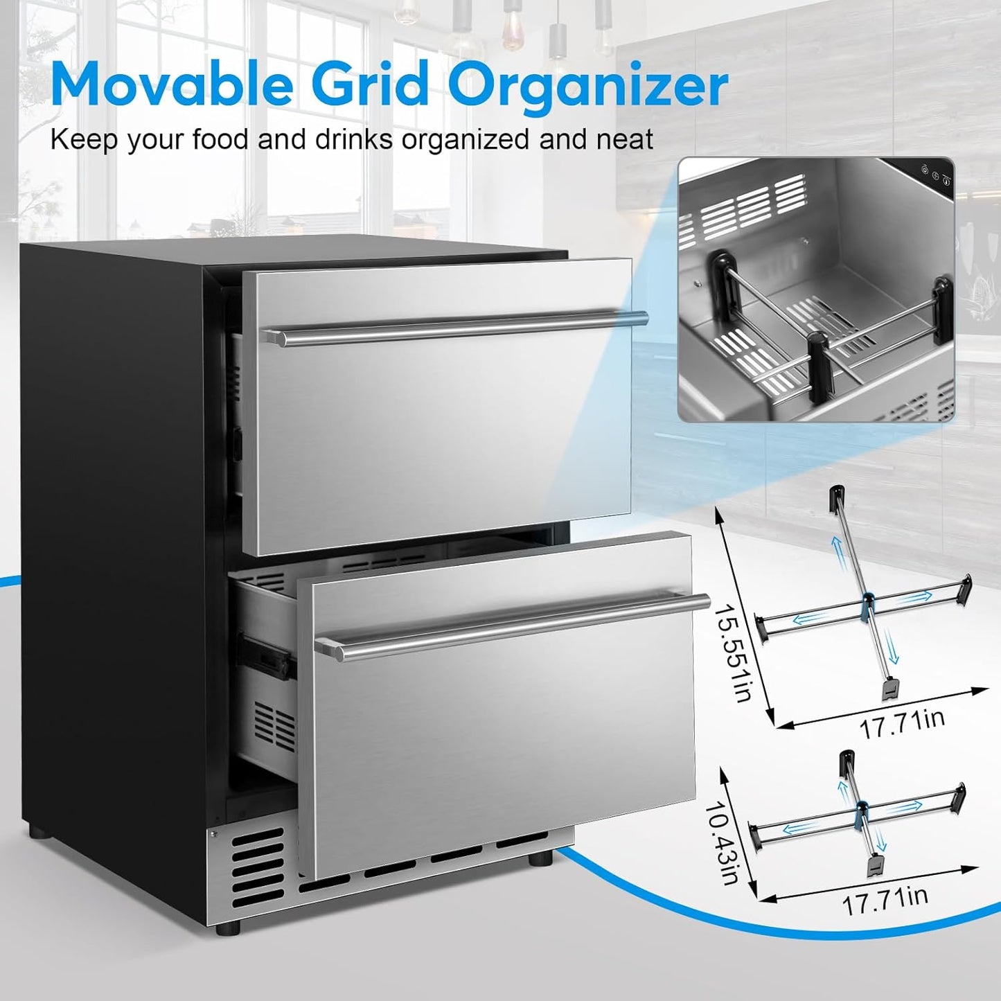 Under Counter Beverage Refrigerator 24 Inch, Outdoor Drawer Fridge Stainless Steel with Temperature Control for Home, Outdoor Patio and Commercial Use