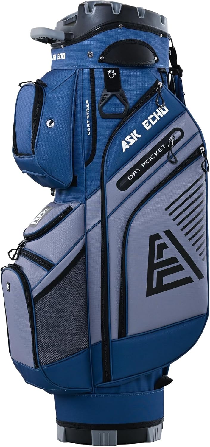 ASK ECHO 2024 T-Lock Golf Cart Bag with 14 Way Organizer Divider Top, Premium Cart Bag with Handles and Rain Cover, for Men
