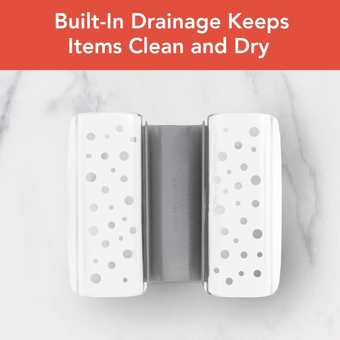 Spectrum Sink Saddle for Kitchen Sink Gray White Sponge and Brush Holder Organizer, Dish Brush and Sponges Plastic Saddle Caddy for Double Sink Storage with Drain Holes for Quick Drying Organization