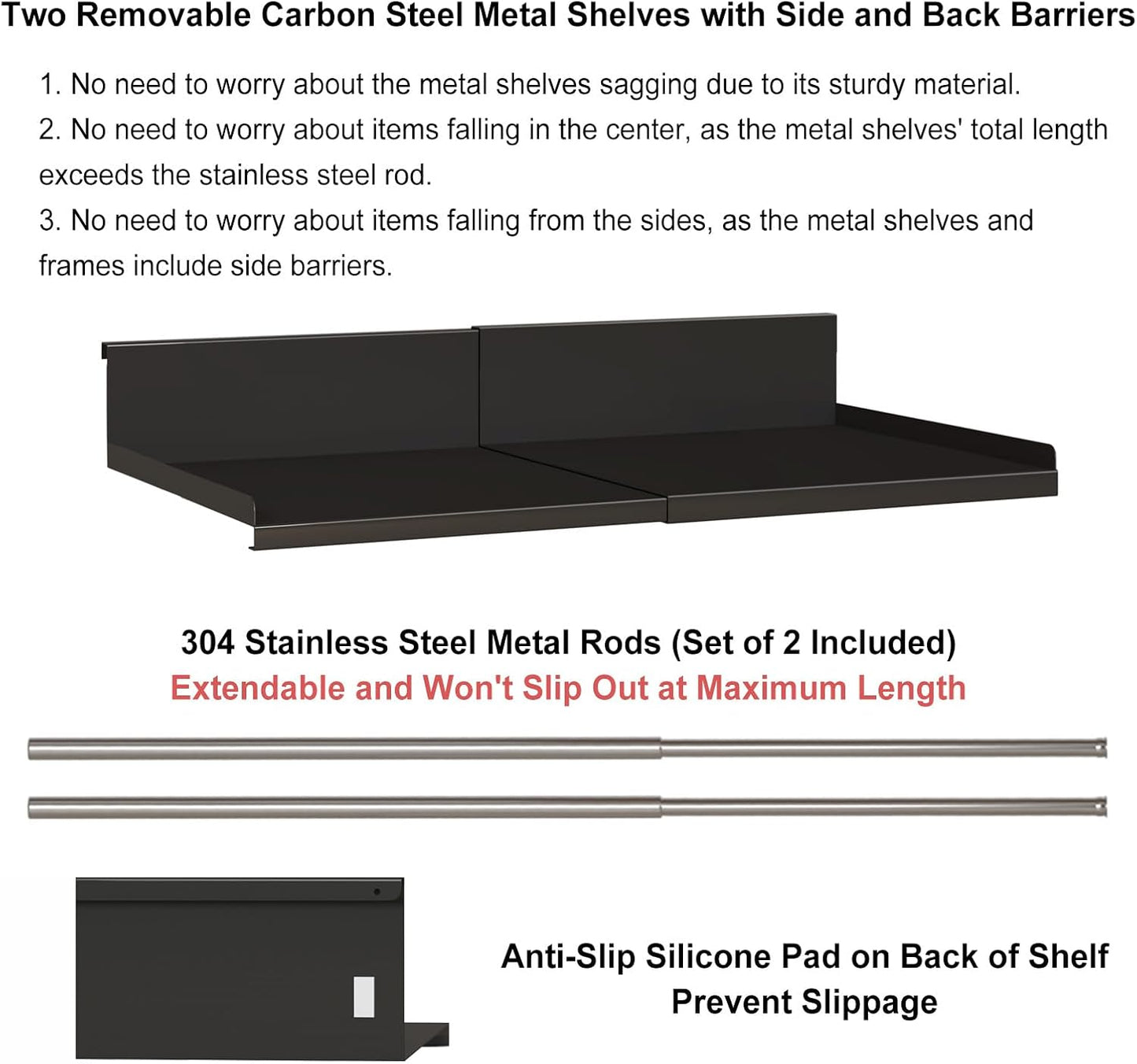 Expandable Under Cabinet Shelf Organizer with 0.94-Inch Thick Clips, Heavy Duty Extendable Under Shelf Storage Basket for Pantry or Laundry Room, Black, 2 Pack, Interior: 4.13" H x 8.54" D