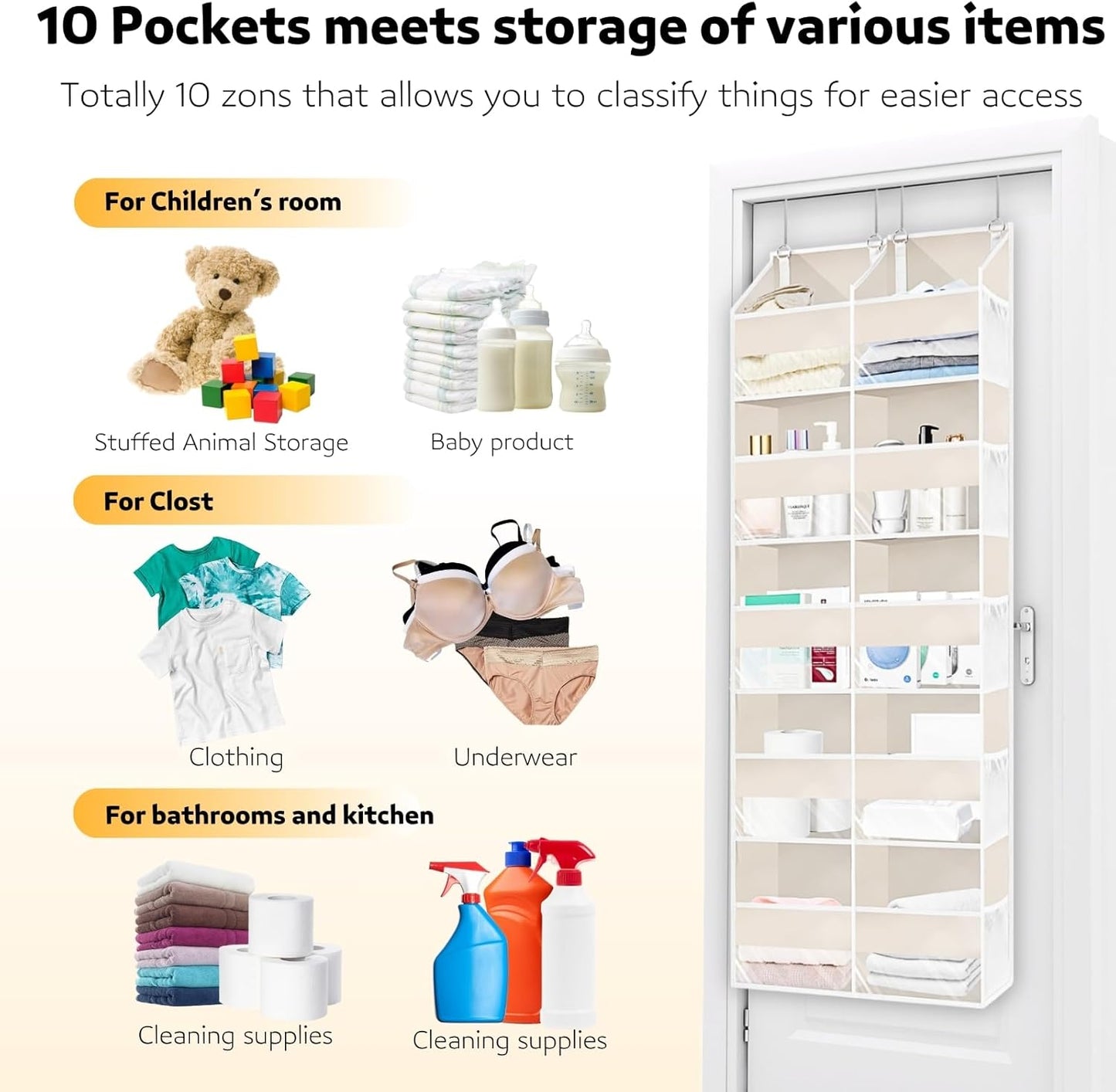 Ofiray-home Over the Door Organizer 5 Tiers,Extra Large Behind Door Storage of 10 Compartments,80 lbs Weight Capacity Over the Door Storage, Door Hanging Organizer for Closet, Diaper Organizer, Beige