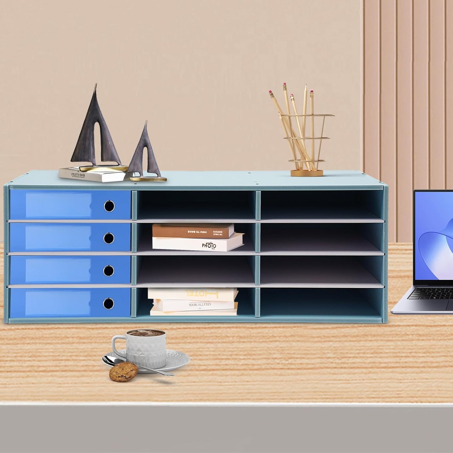 Mail Sorter Organizer, 12 Compartments Mailbox for Classroom, Desktop File Organizer with Adjustable Shelves, for Office Home Classroom, PVC, Blue