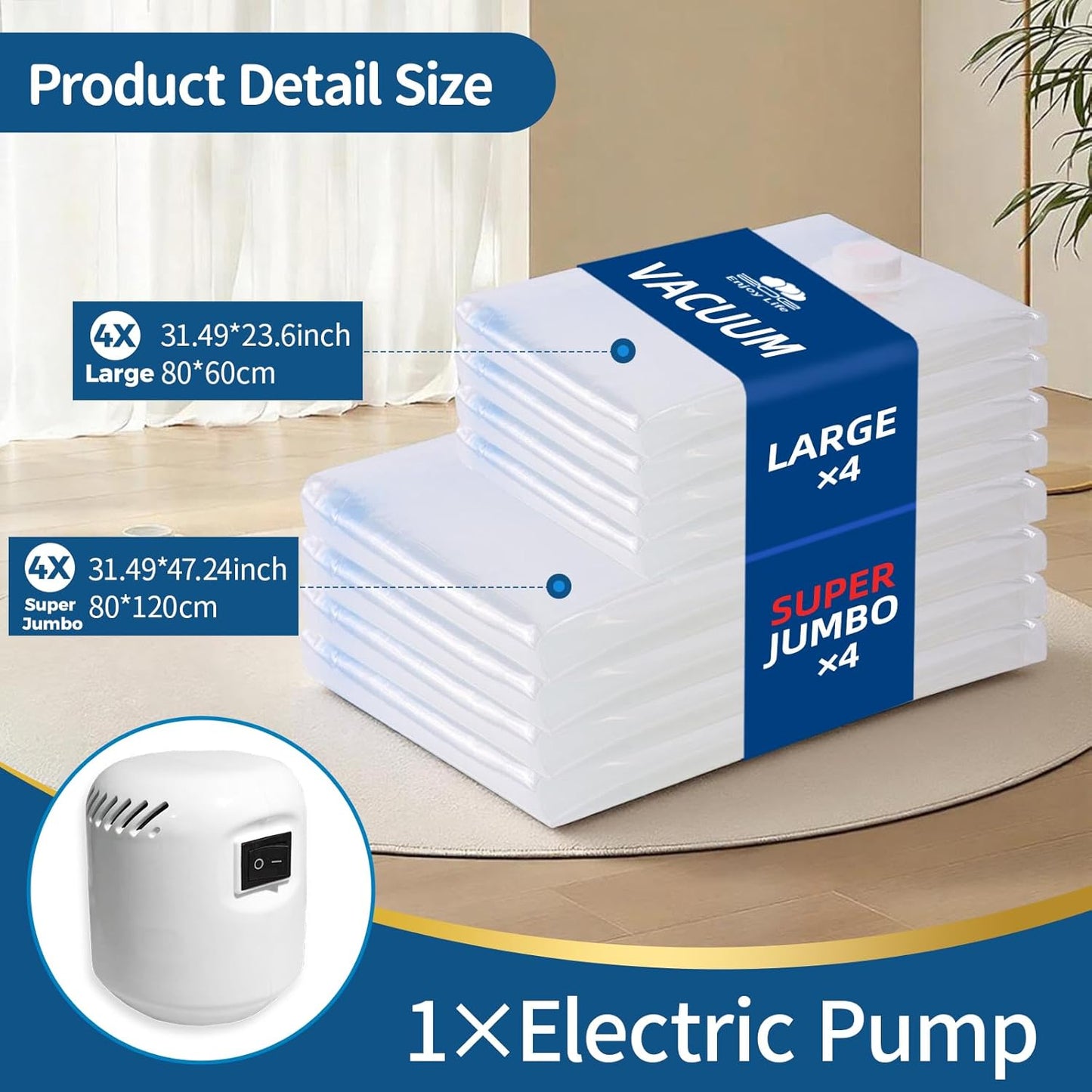 Vacuum Storage Bags with Electric Pump,8 Pack Extra Large Space Saving Vacuum Seal Bags for Bedding,Blanket,Comforters,Duvets,Pillows(4 Large+4 Super Jumbo)