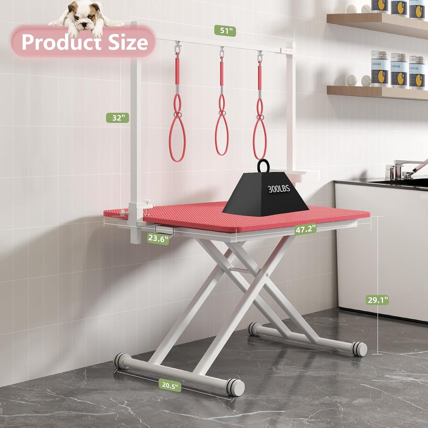 VFK 47" Adjustable Dog Grooming Table with Storage Box & Metal Basket Manual Height-Adjustable Pink Pet Grooming Table for Dogs at Home Use, Waterproof Scratch-Resistant Surface, X-Frame Design